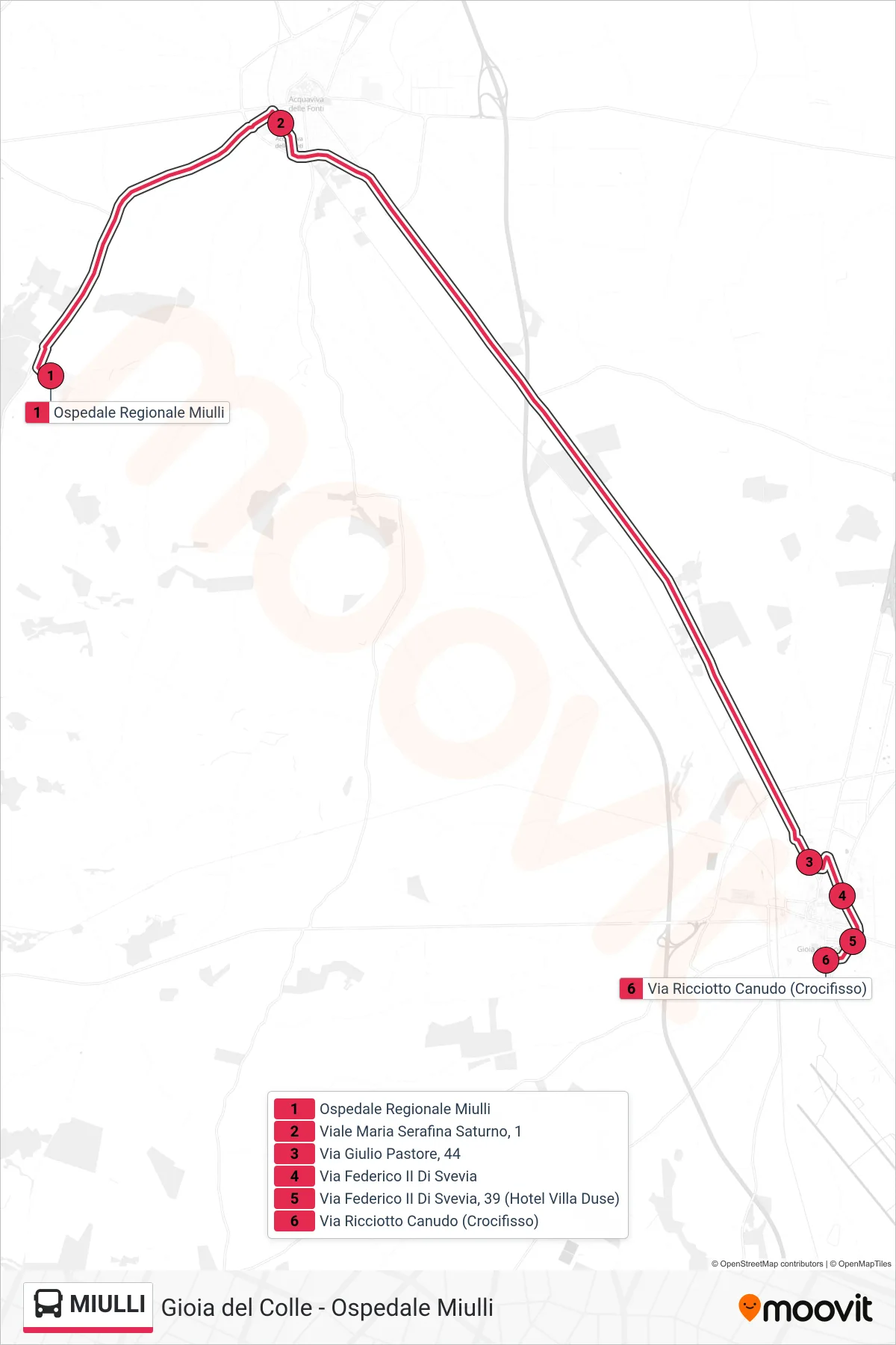 Linea MIULLI tram (Ospedale Regionale Miulli→Via Ricciotto Canudo (Crocifisso)) - Percorsi e fermate sulla mappa