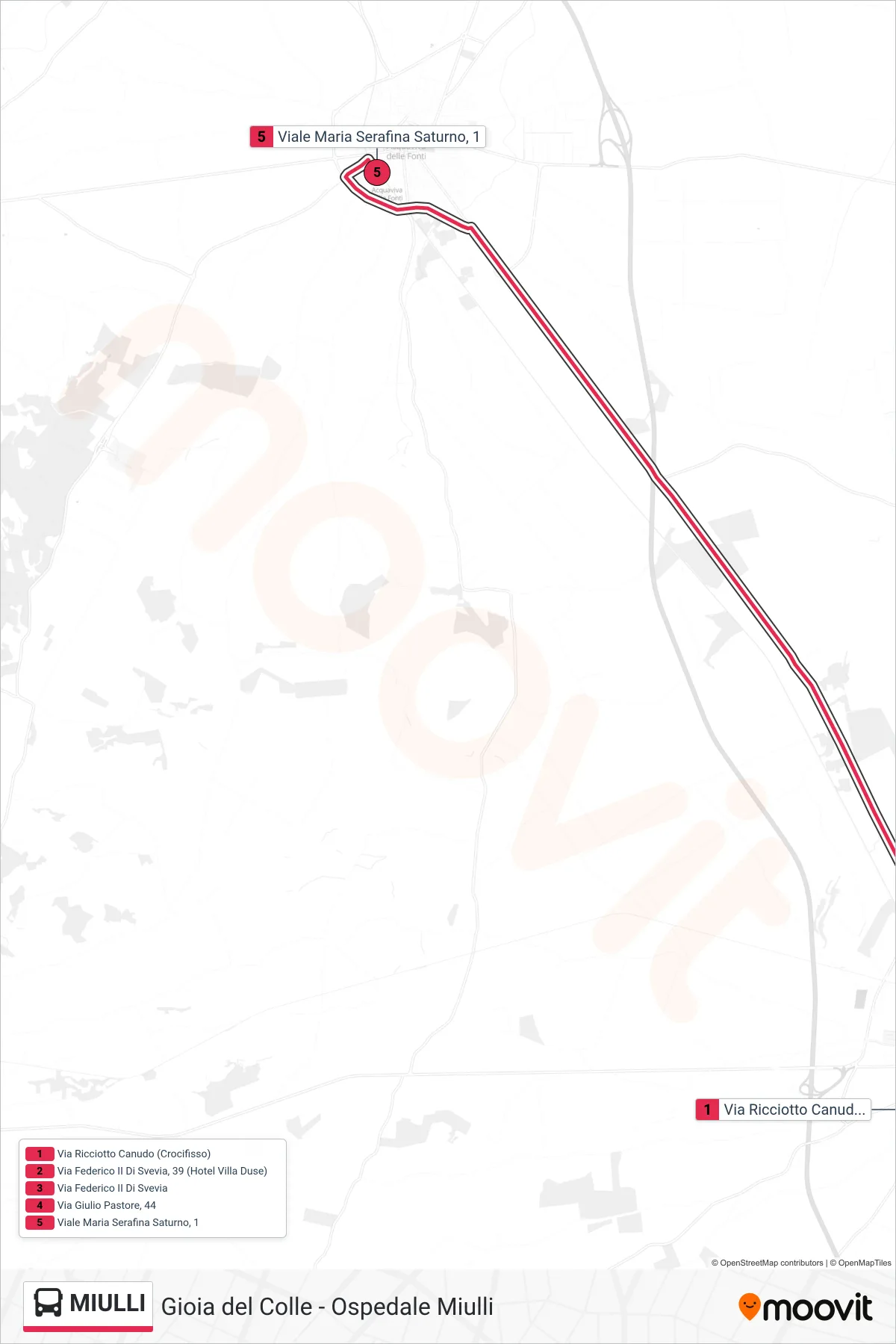 Linea MIULLI  tram (Via Ricciotto Canudo (Crocifisso)‎→Viale Maria Serafina Saturno, 1) - Percorsi e fermate sulla mappa