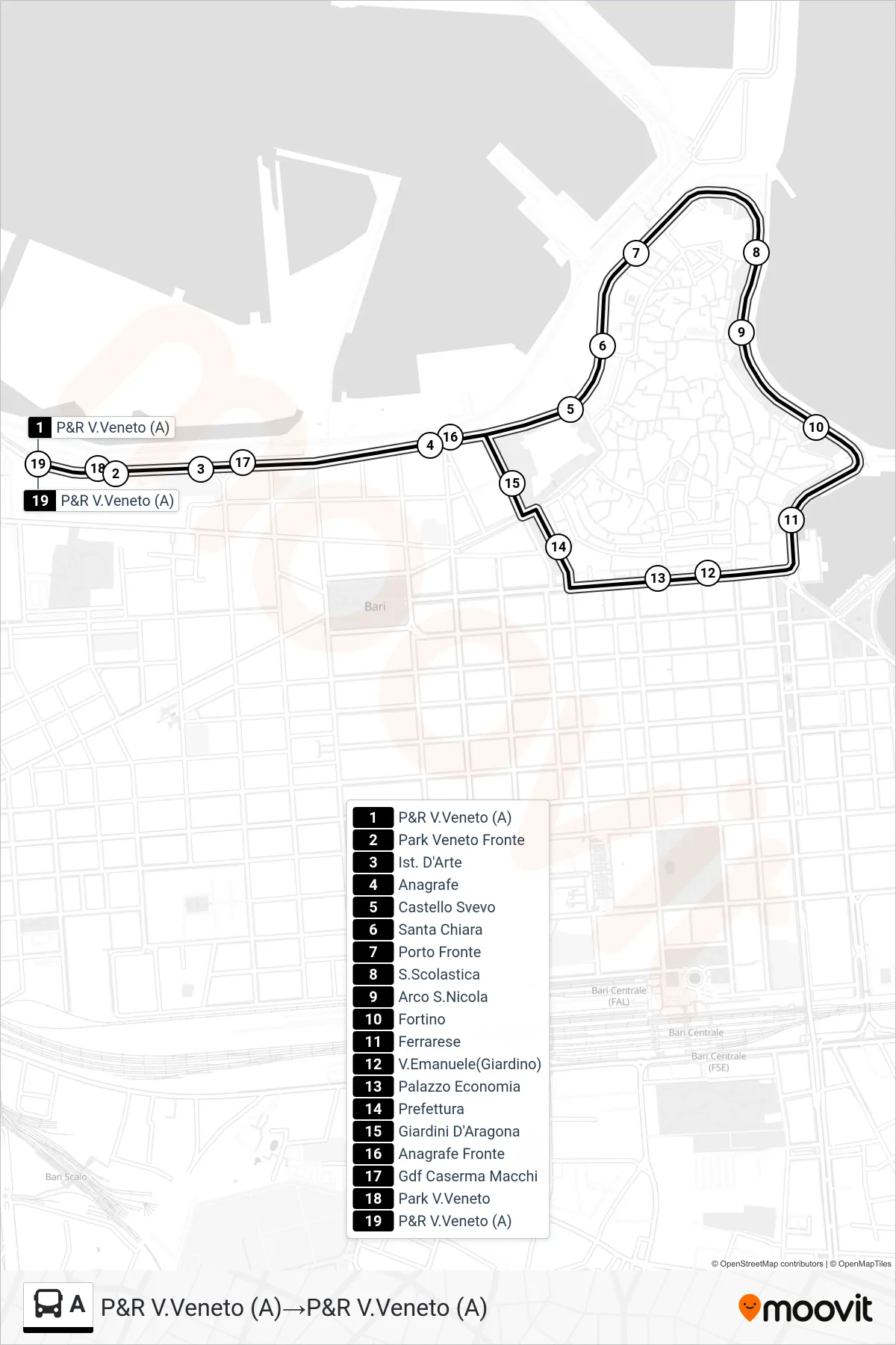 Linea A bus (P&R V.Veneto (A)→P&R V.Veneto (A)) - Percorsi e fermate sulla mappa