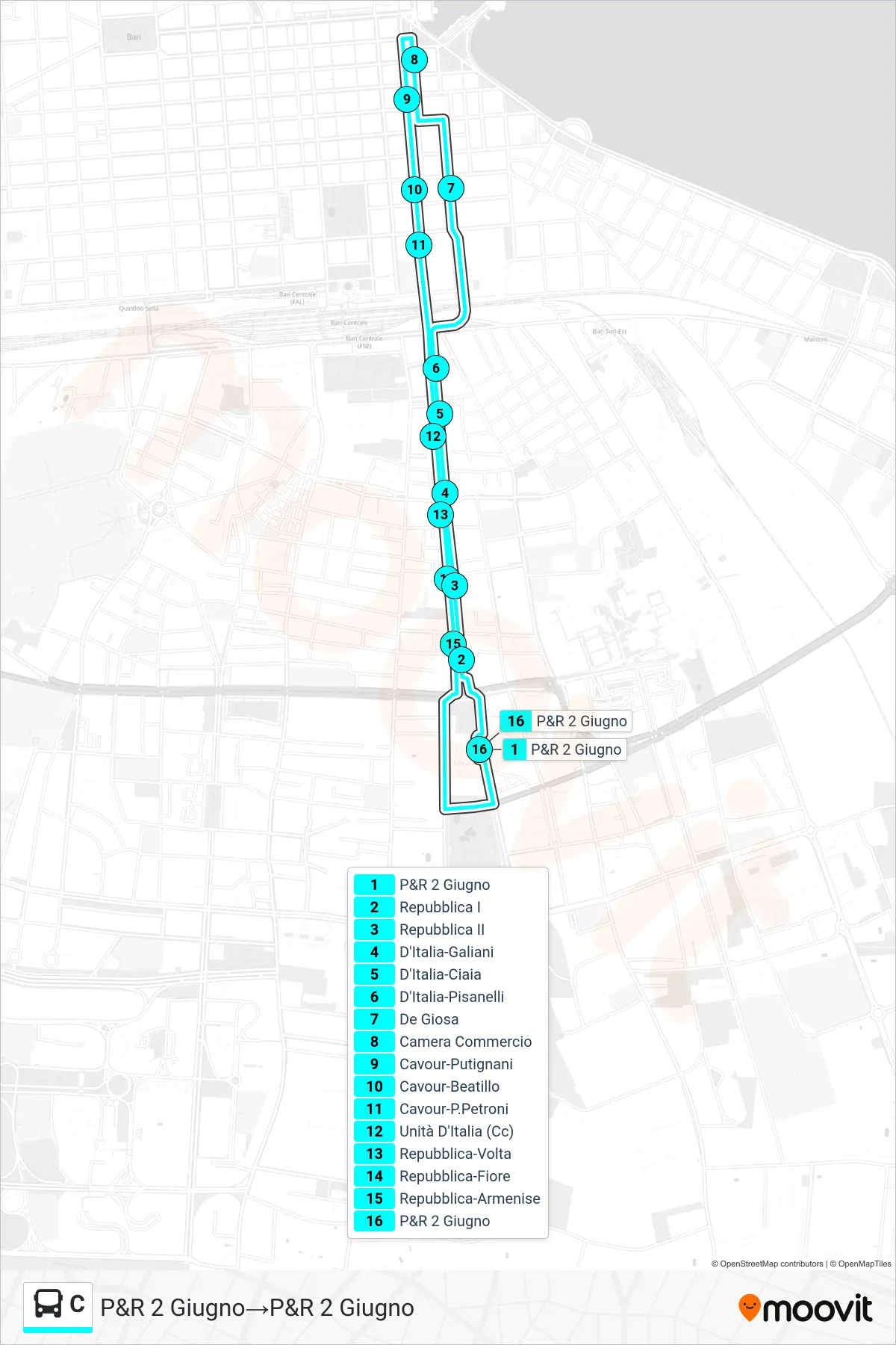 Linea C  bus (P&R 2 Giugno‎→P&R 2 Giugno) - Percorsi e fermate sulla mappa