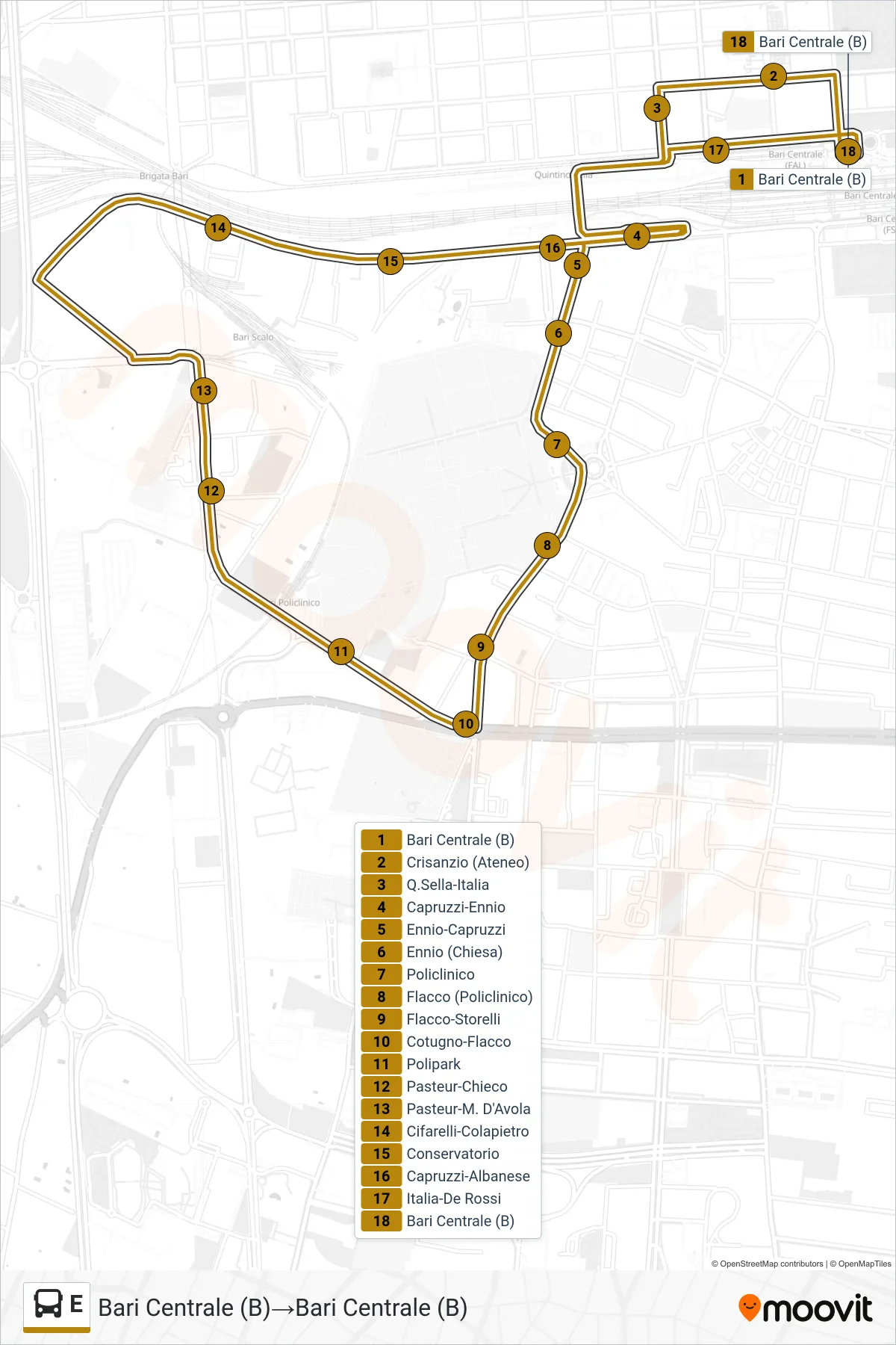 Linea E bus (Bari Centrale (B)→Bari Centrale (B)) - Percorsi e fermate sulla mappa