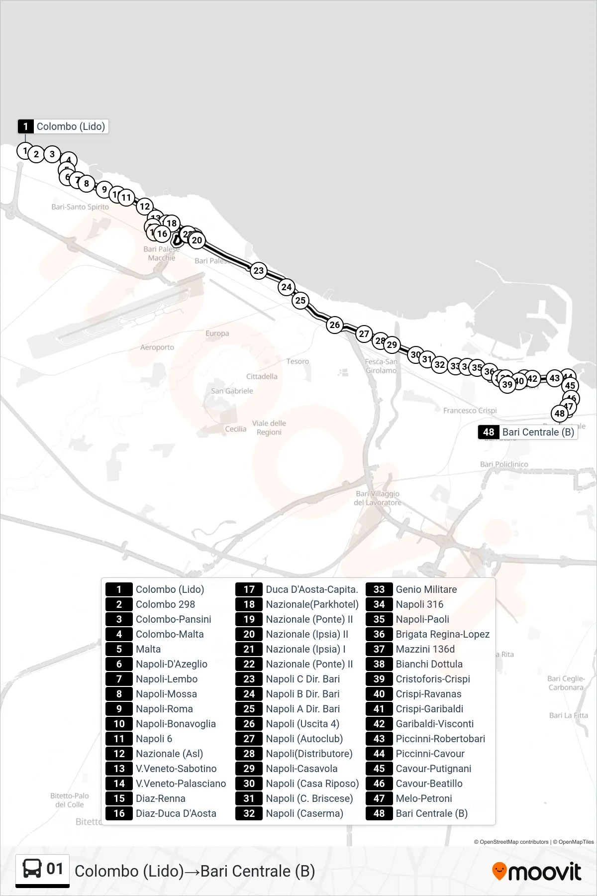 Linea 01 bus (Colombo (Lido)→Bari Centrale (B)) - Percorsi e fermate sulla mappa