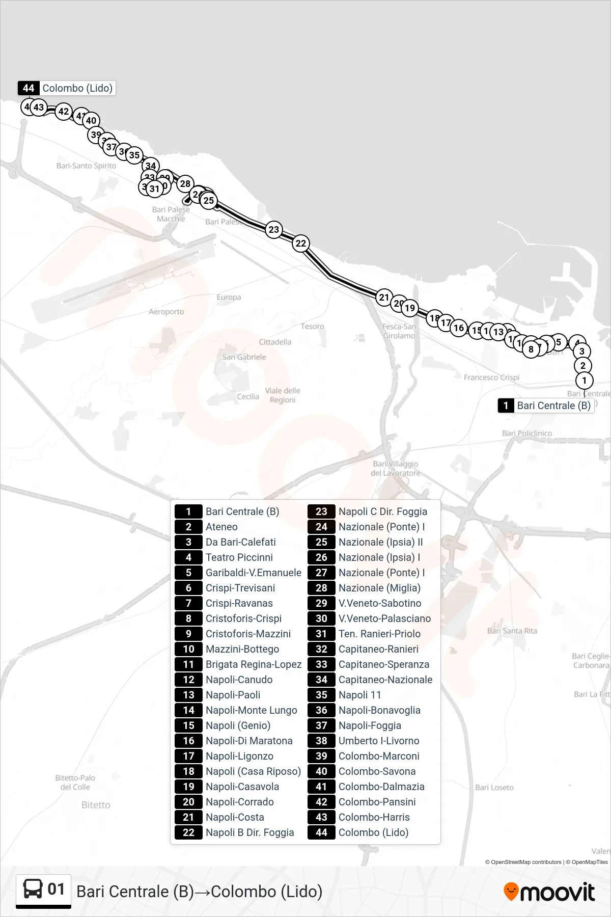 Linea 01  bus (Bari Centrale (B)‎→Colombo (Lido)) - Percorsi e fermate sulla mappa