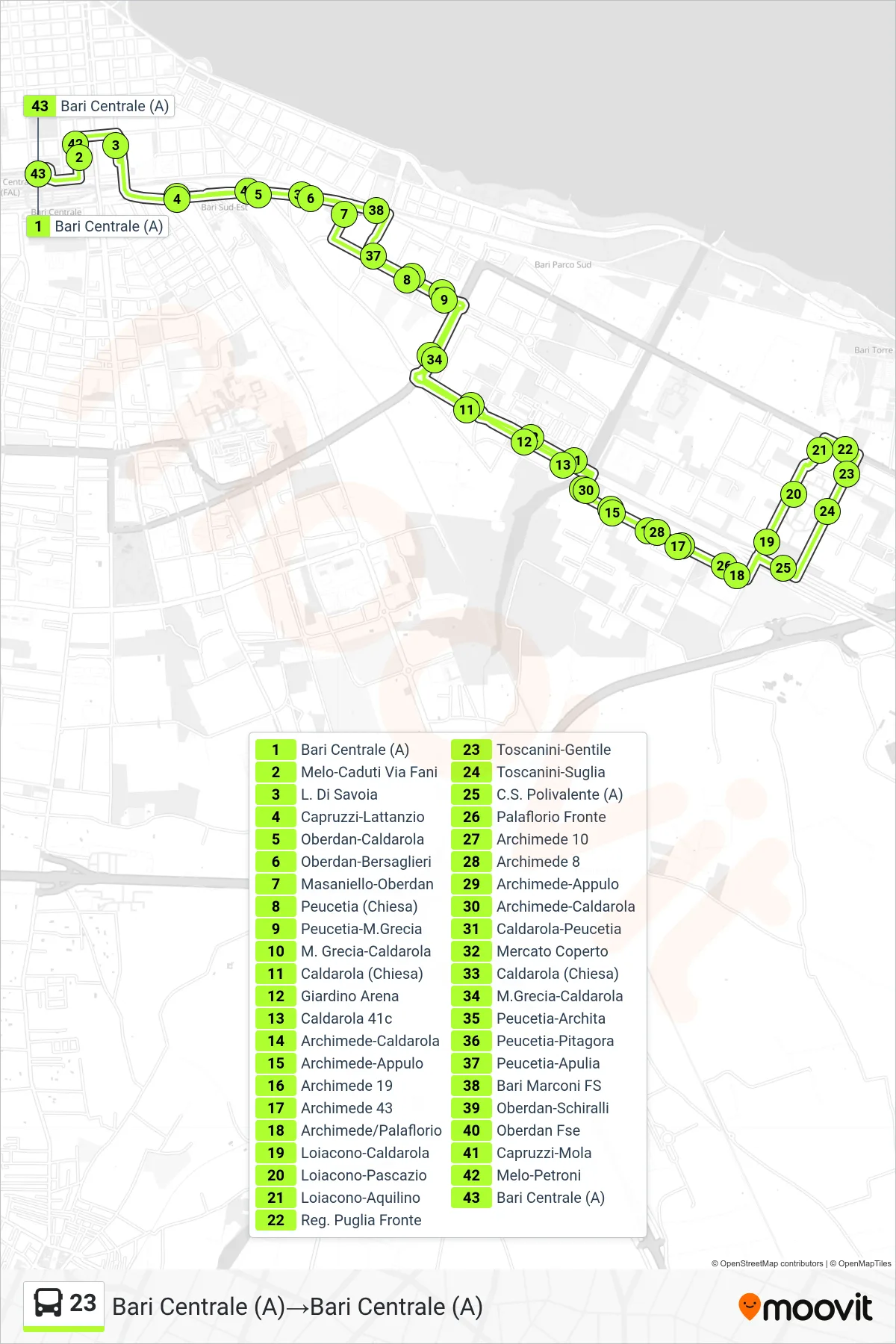 Linea 23  bus (Bari Centrale (A)‎→Bari Centrale (A)) - Percorsi e fermate sulla mappa