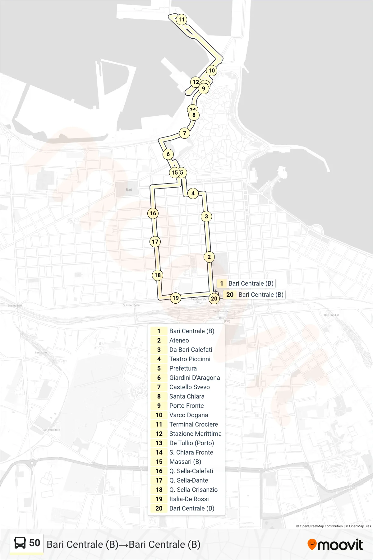 Linea 50 bus (Bari Centrale (B)→Bari Centrale (B)) - Percorsi e fermate sulla mappa