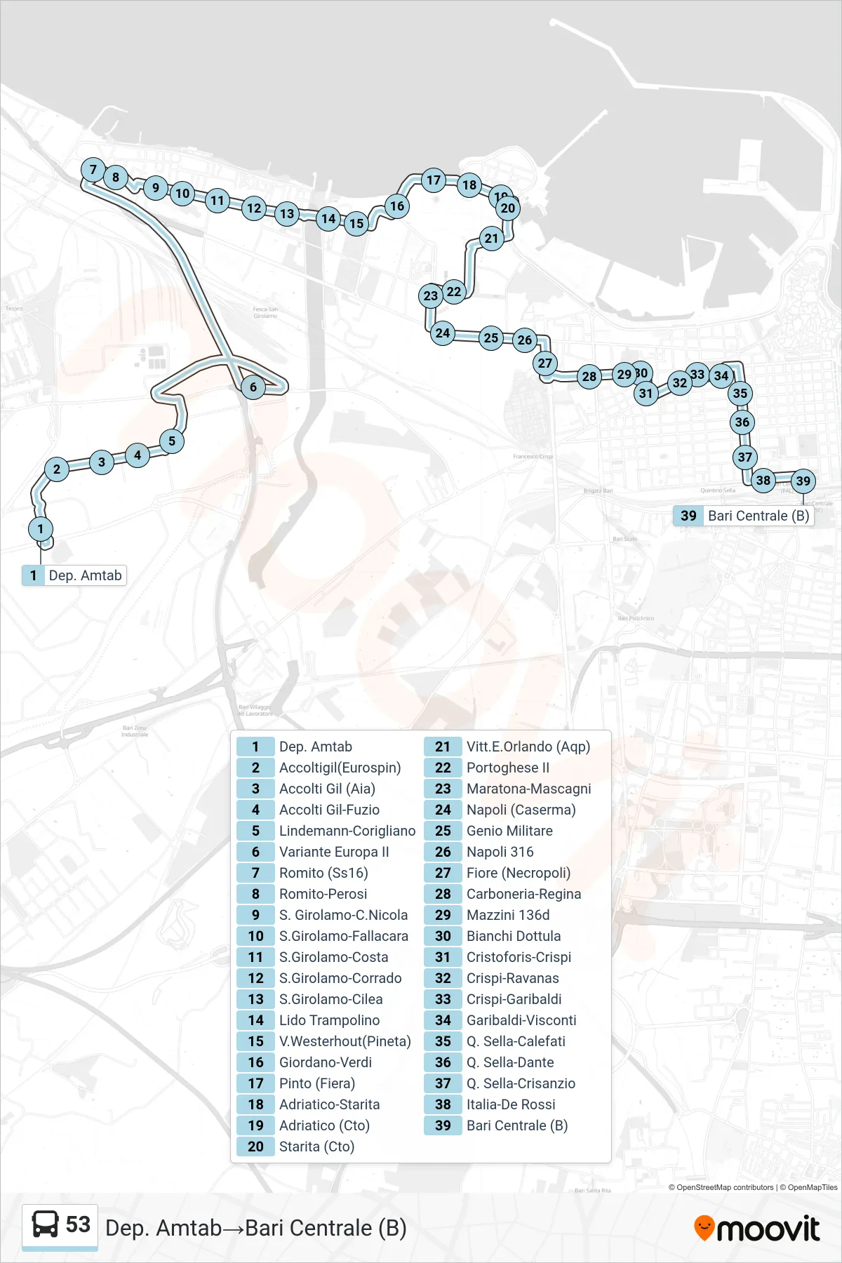 Linea 53  bus (Dep. Amtab‎→Bari Centrale (B)) - Percorsi e fermate sulla mappa