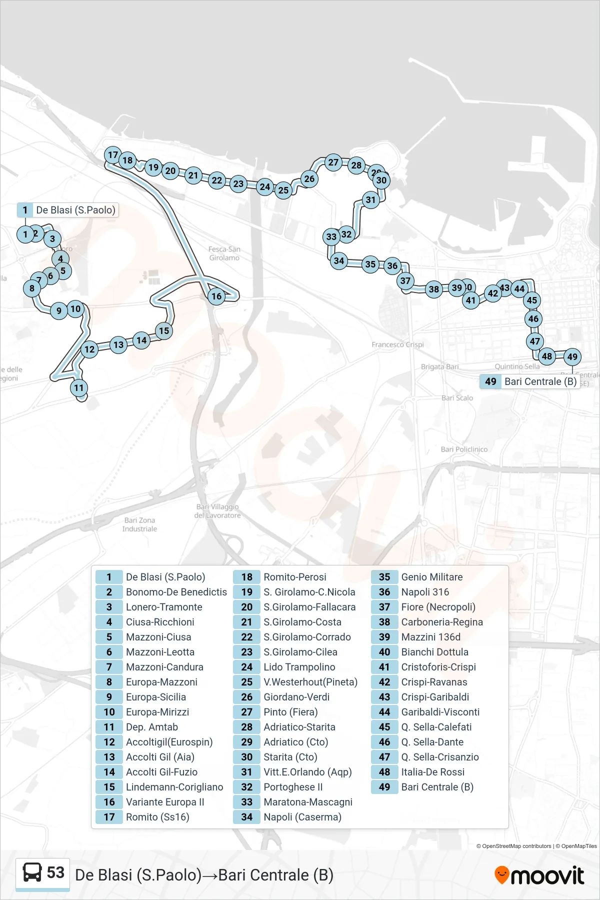 Linea 53 bus (De Blasi (S.Paolo)→Bari Centrale (B)) - Percorsi e fermate sulla mappa