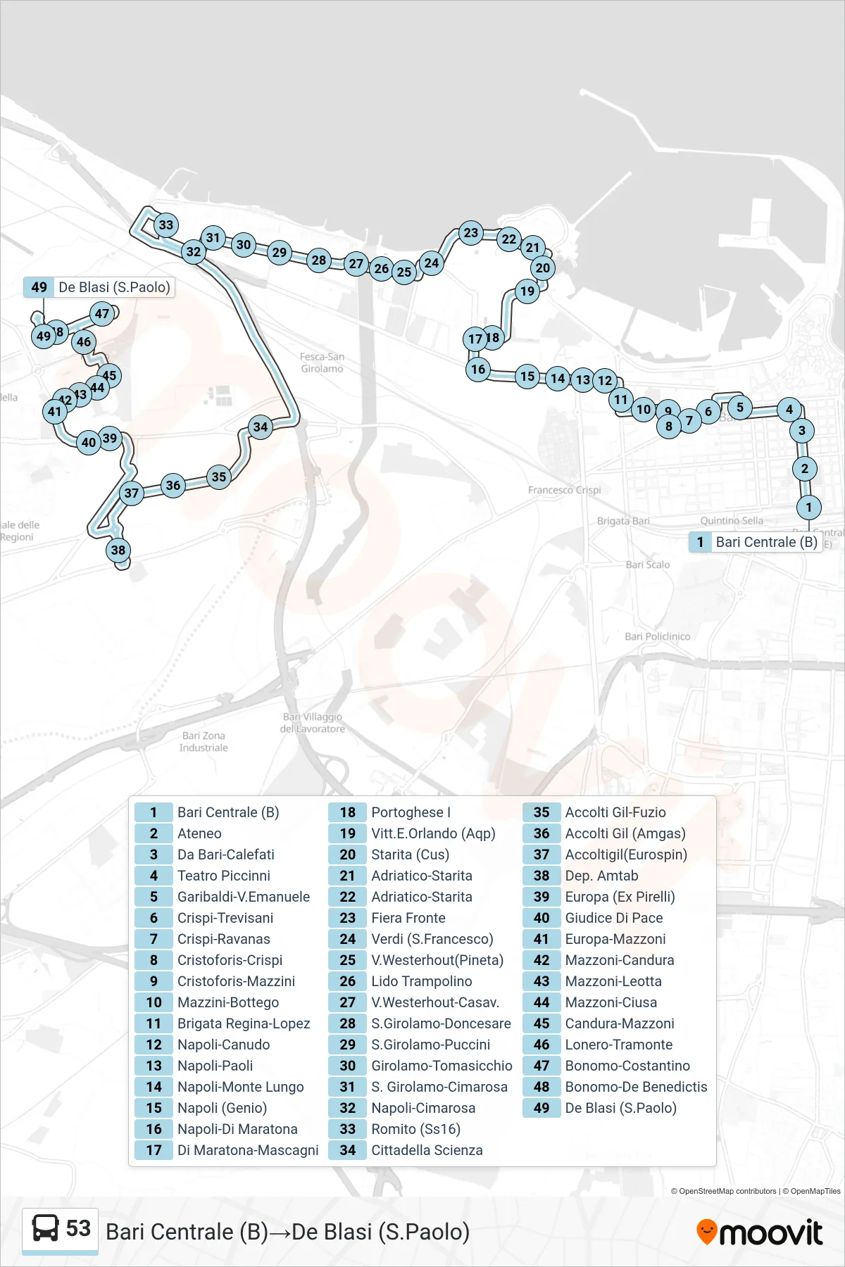 Linea 53 bus (Bari Centrale (B)→De Blasi (S.Paolo)) - Percorsi e fermate sulla mappa