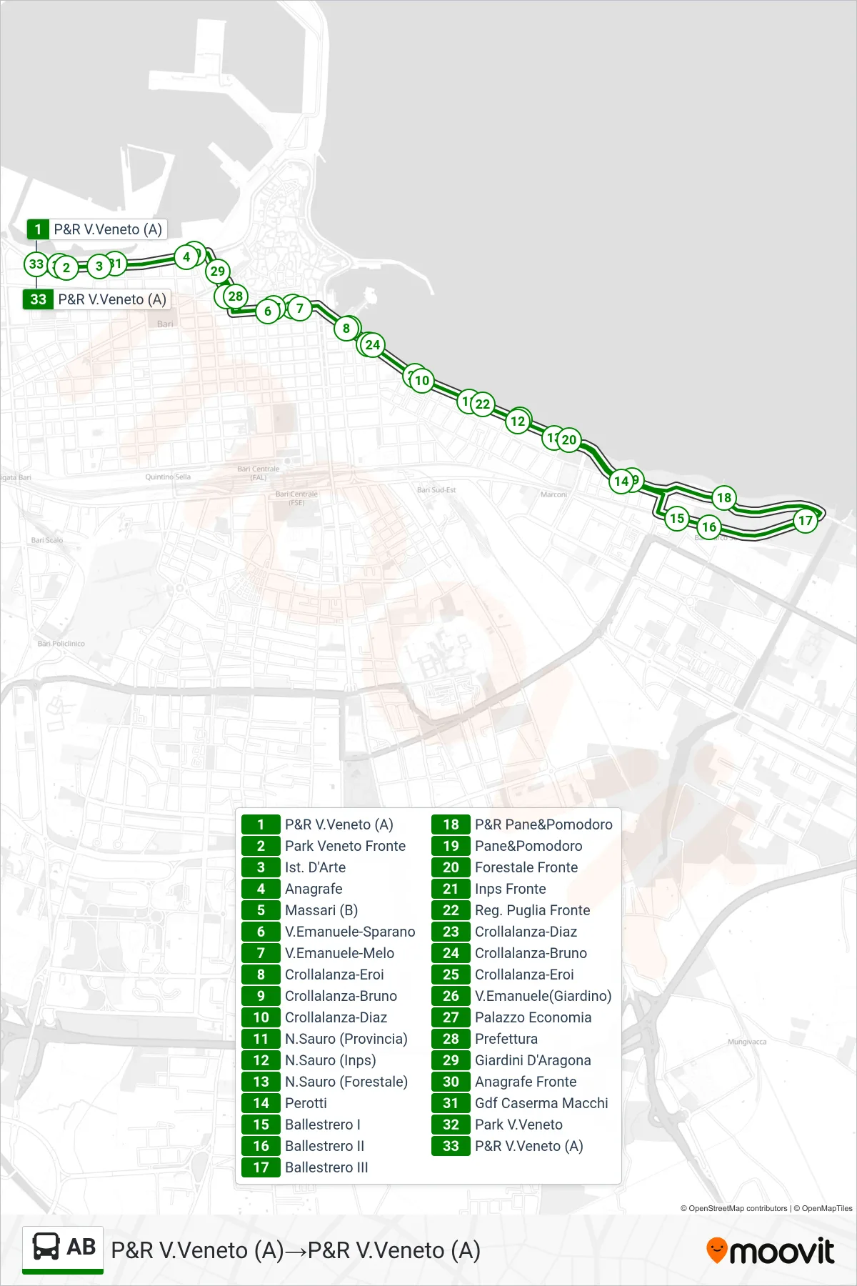Linea AB bus (P&R V.Veneto (A)→P&R V.Veneto (A)) - Percorsi e fermate sulla mappa