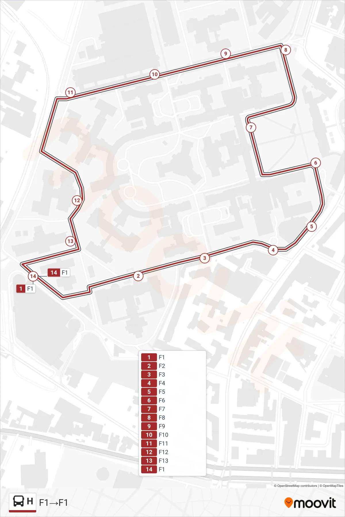 Linea H bus (F1→F1) - Percorsi e fermate sulla mappa