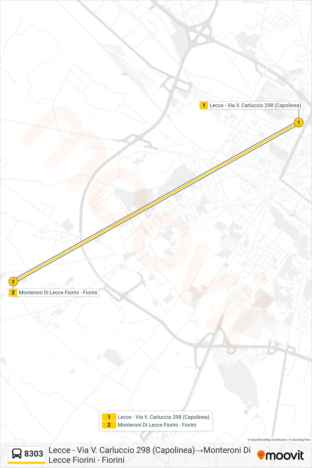 Linea 8303  bus (Lecce - Via V. Carluccio 298 (Capolinea)‎→Monteroni Di Lecce Fiorini - Fiorini) - Percorsi e fermate sulla mappa