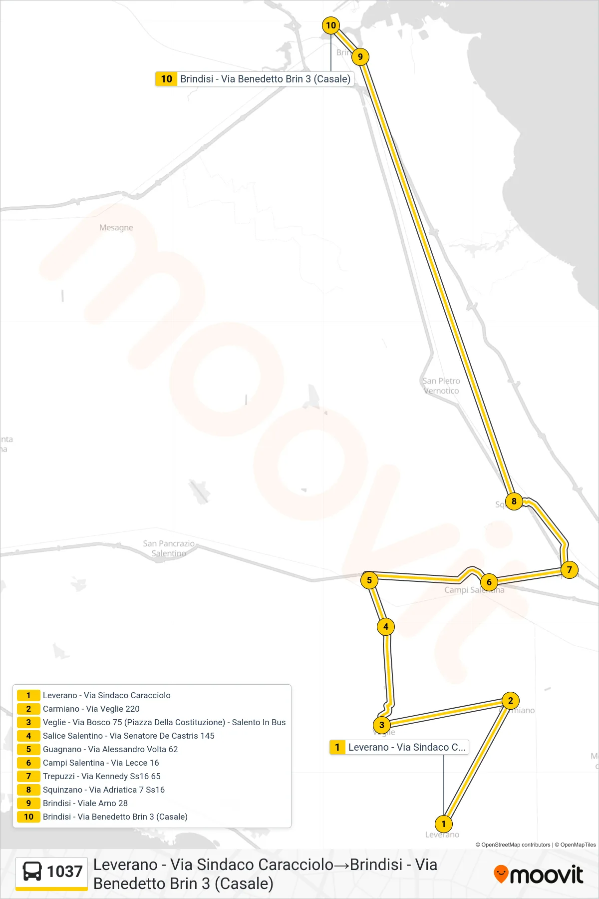 Linea 1037 bus (Leverano - Via Sindaco Caracciolo→Brindisi - Via Benedetto Brin 3 (Casale)) - Percorsi e fermate sulla mappa