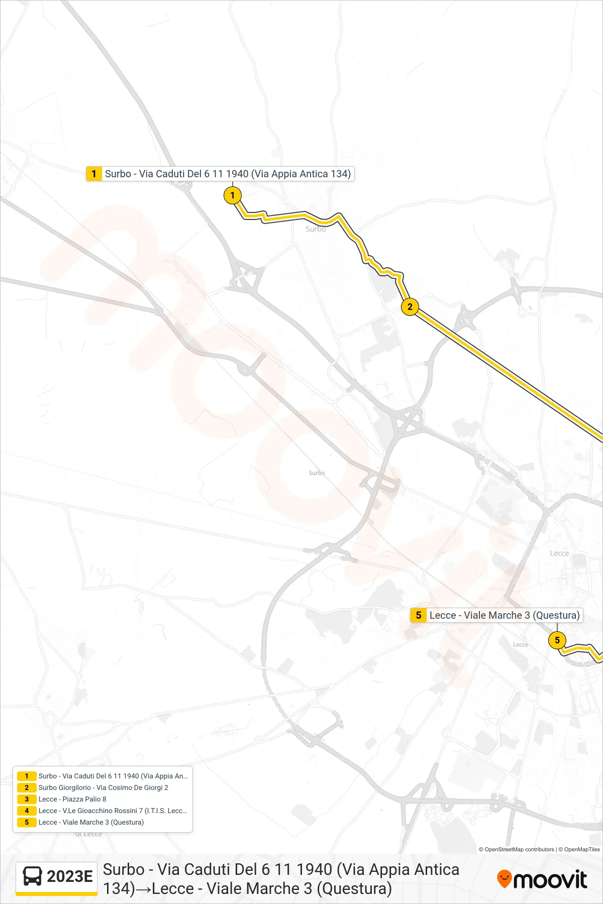 Linea 2023E  bus (Surbo - Via Caduti Del 6 11 1940 (Via Appia Antica 134)‎→Lecce - Viale Marche 3 (Questura)) - Percorsi e fermate sulla mappa