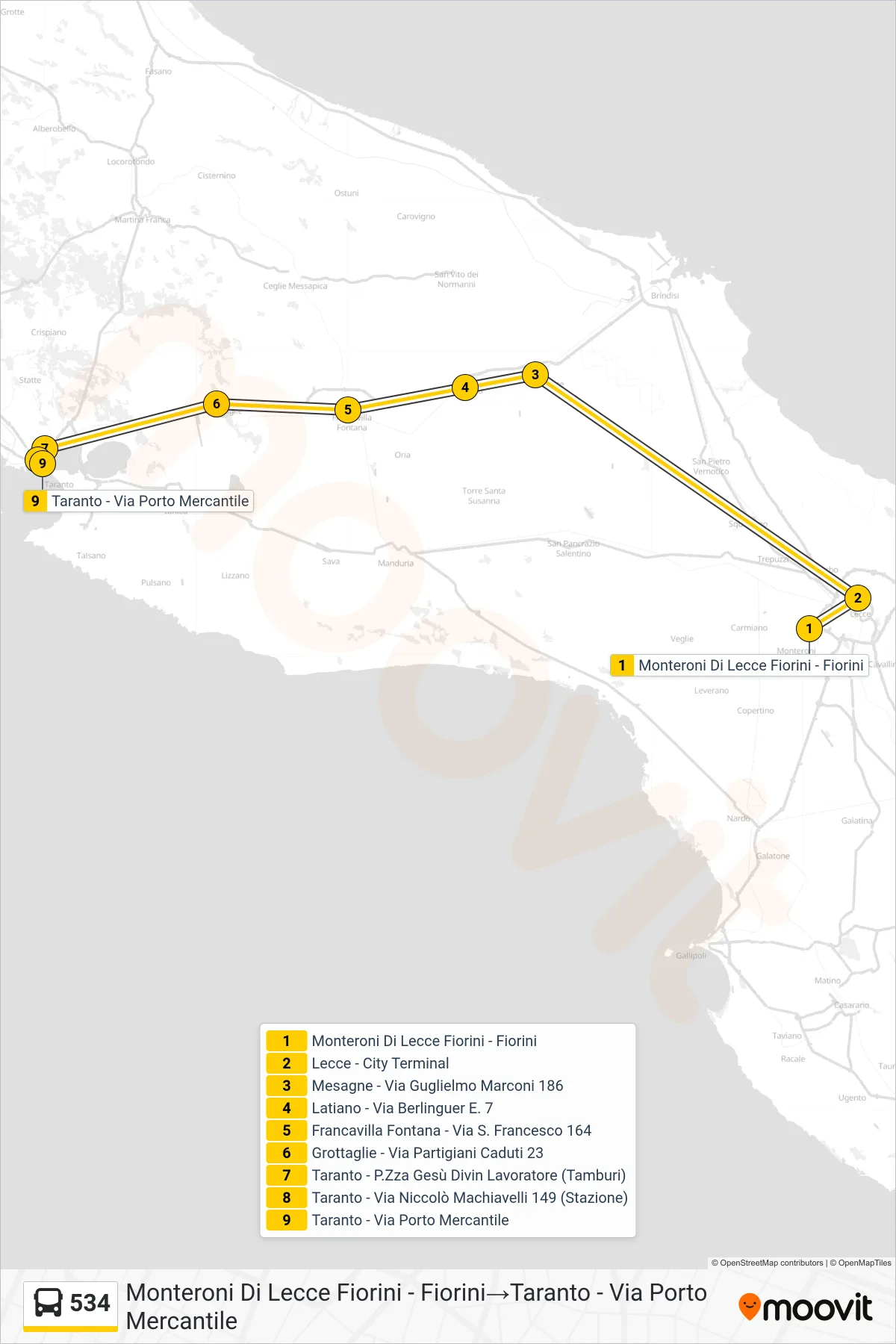 Linea 534  bus (Monteroni Di Lecce Fiorini - Fiorini‎→Taranto - Via Porto Mercantile) - Percorsi e fermate sulla mappa