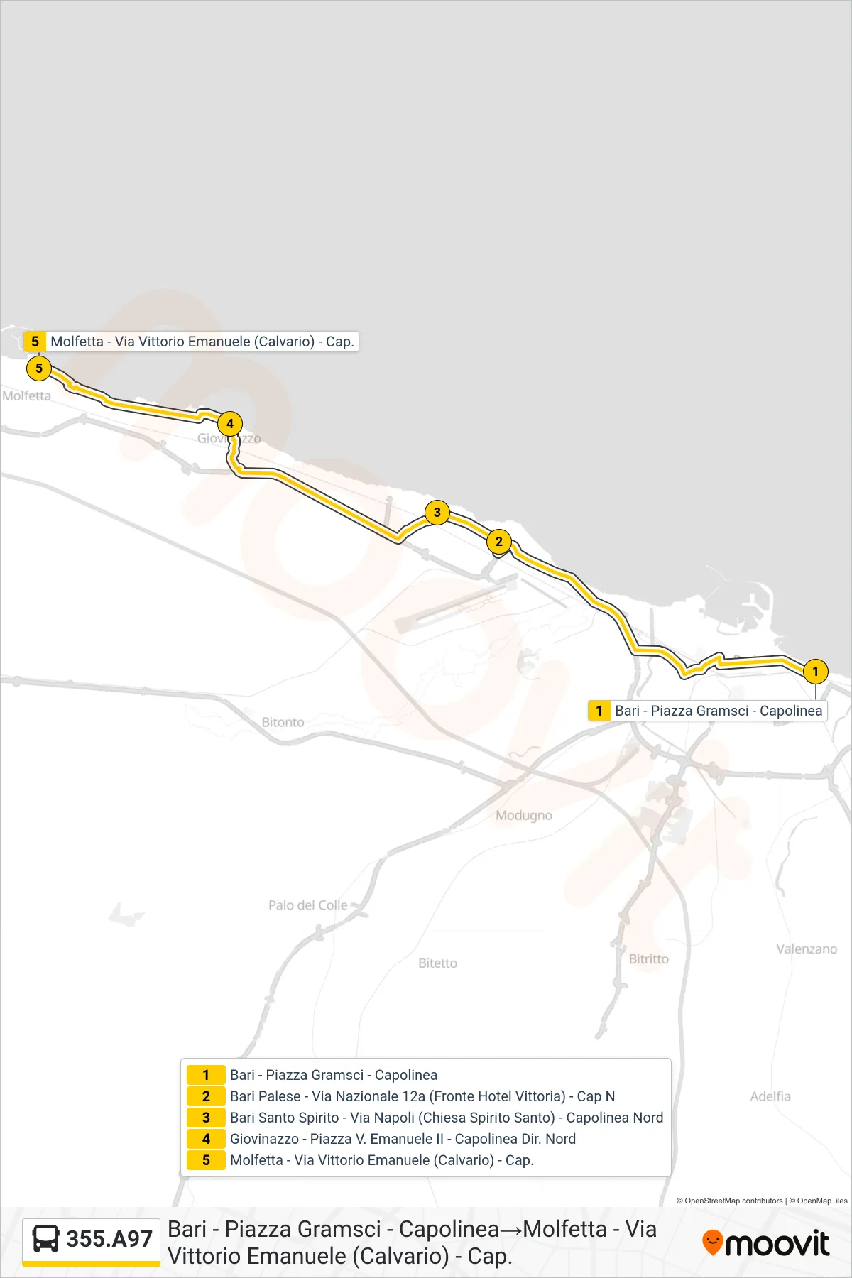 Linea 355.A97 bus (Bari - Piazza Gramsci - Capolinea→Molfetta - Via Vittorio Emanuele (Calvario) - Cap.) - Percorsi e fermate sulla mappa