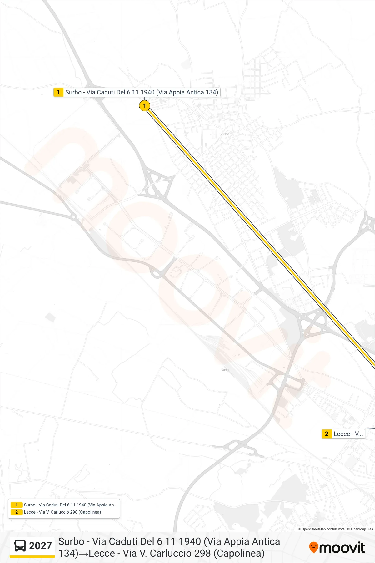 Linea 2027 bus (Surbo - Via Caduti Del 6 11 1940 (Via Appia Antica 134)→Lecce - Via V. Carluccio 298 (Capolinea)) - Percorsi e fermate sulla mappa