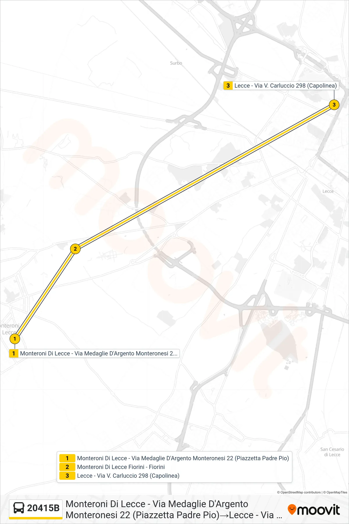 Linea 20415B  bus (Monteroni Di Lecce - Via Medaglie D'Argento Monteronesi 22 (Piazzetta Padre Pio)‎→Lecce - Via V. Carluccio 298 (Capolinea)) - Percorsi e fermate sulla mappa