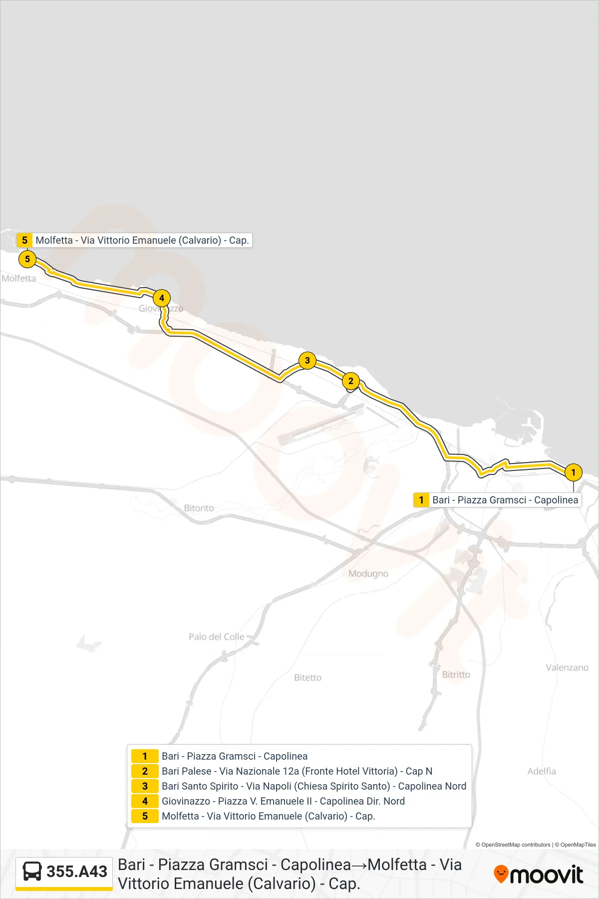 Linea 355.A43  bus (Bari - Piazza Gramsci - Capolinea‎→Molfetta - Via Vittorio Emanuele (Calvario) - Cap.) - Percorsi e fermate sulla mappa