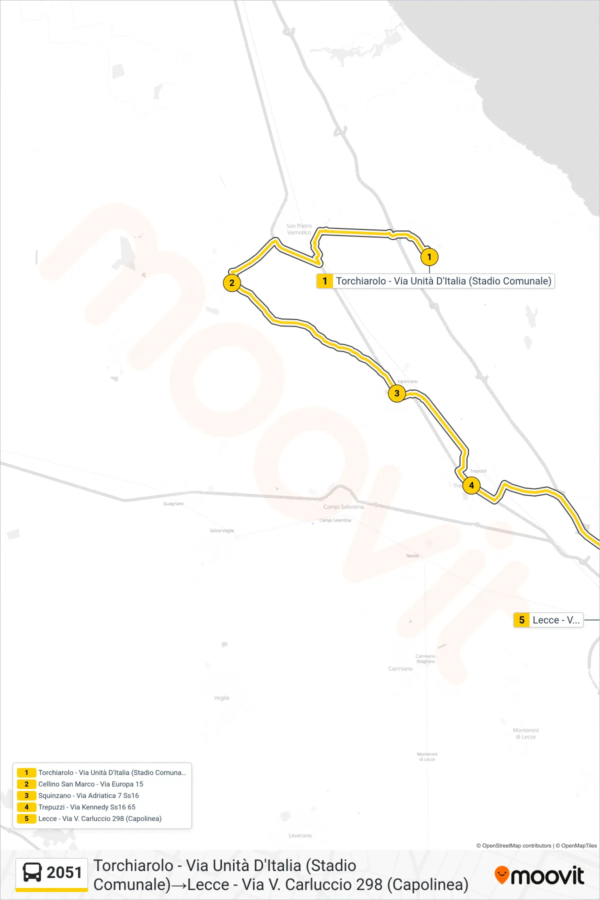 Linea 2051  bus (Torchiarolo - Via Unità D'Italia (Stadio Comunale)‎→Lecce - Via V. Carluccio 298 (Capolinea)) - Percorsi e fermate sulla mappa