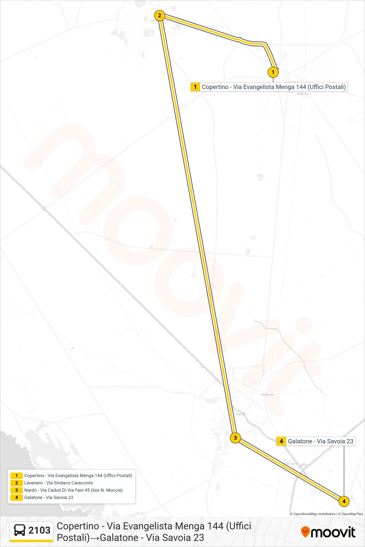 Linea 2103 bus (Copertino - Via Evangelista Menga 144 (Uffici Postali)→Galatone - Via Savoia 23) - Percorsi e fermate sulla mappa