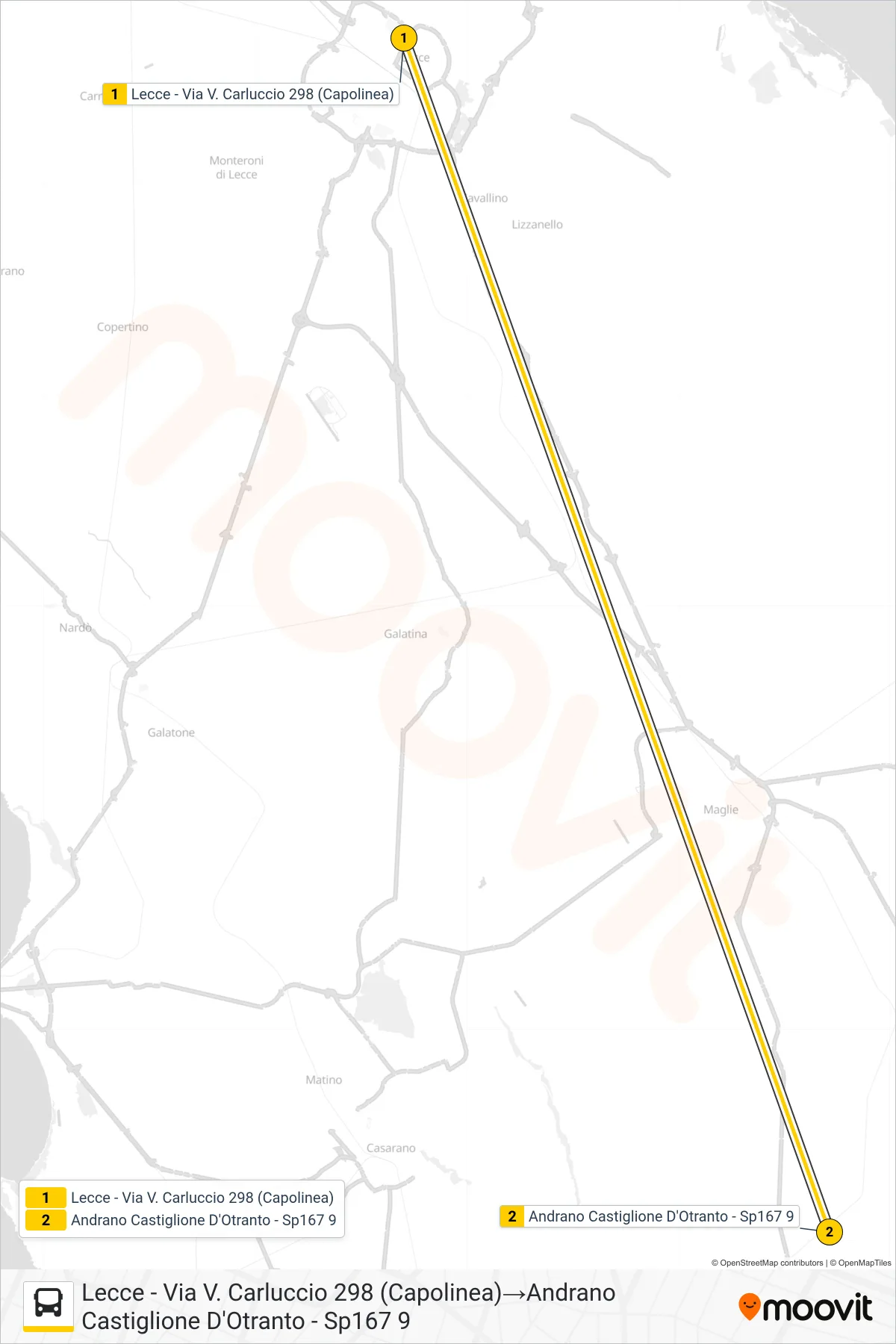 Linea 0532 - 2 bus (Lecce - Via V. Carluccio 298 (Capolinea)→Andrano Castiglione D'Otranto - Sp167 9) - Percorsi e fermate sulla mappa