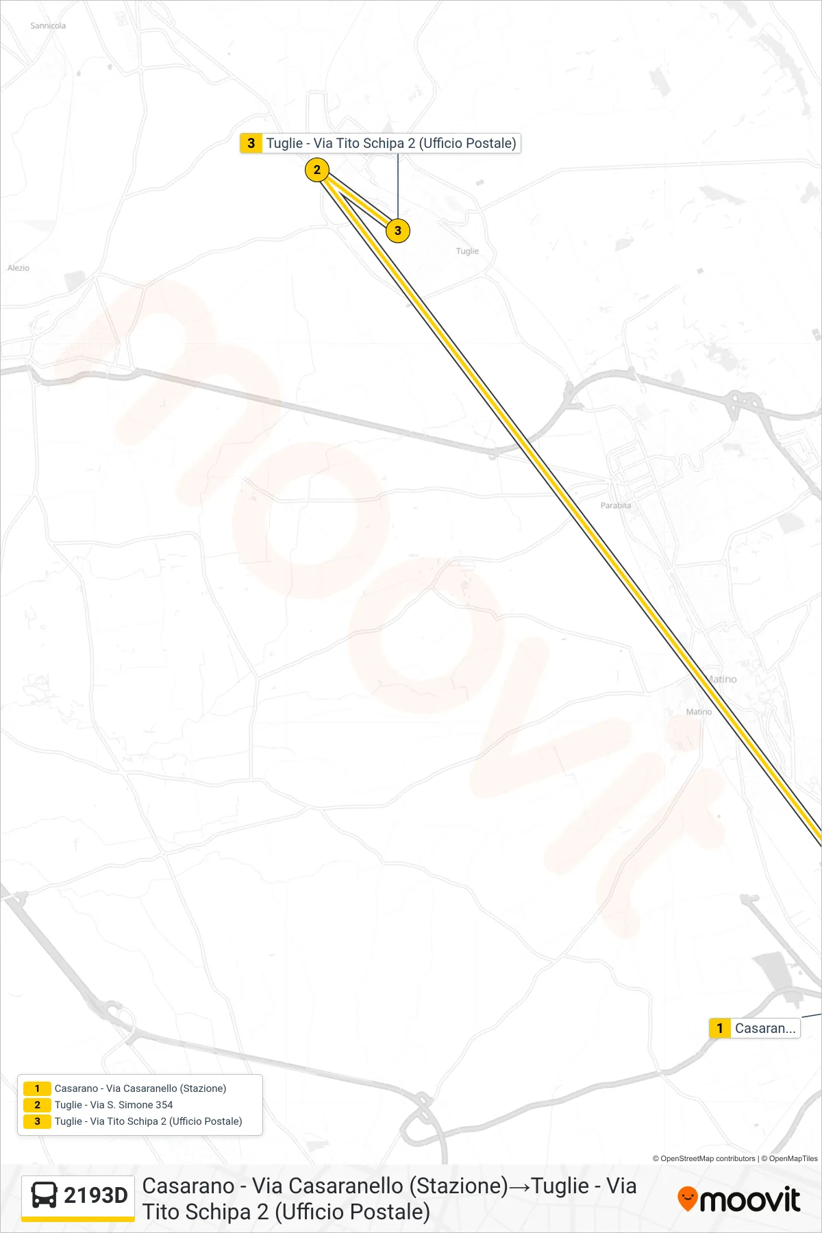 Linea 2193D  bus (Casarano - Via Casaranello (Stazione)‎→Tuglie - Via Tito Schipa 2 (Ufficio Postale)) - Percorsi e fermate sulla mappa
