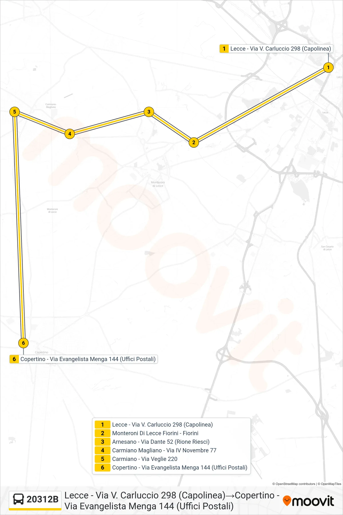 Linea 20312B bus (Lecce - Via V. Carluccio 298 (Capolinea)→Copertino - Via Evangelista Menga 144 (Uffici Postali)) - Percorsi e fermate sulla mappa