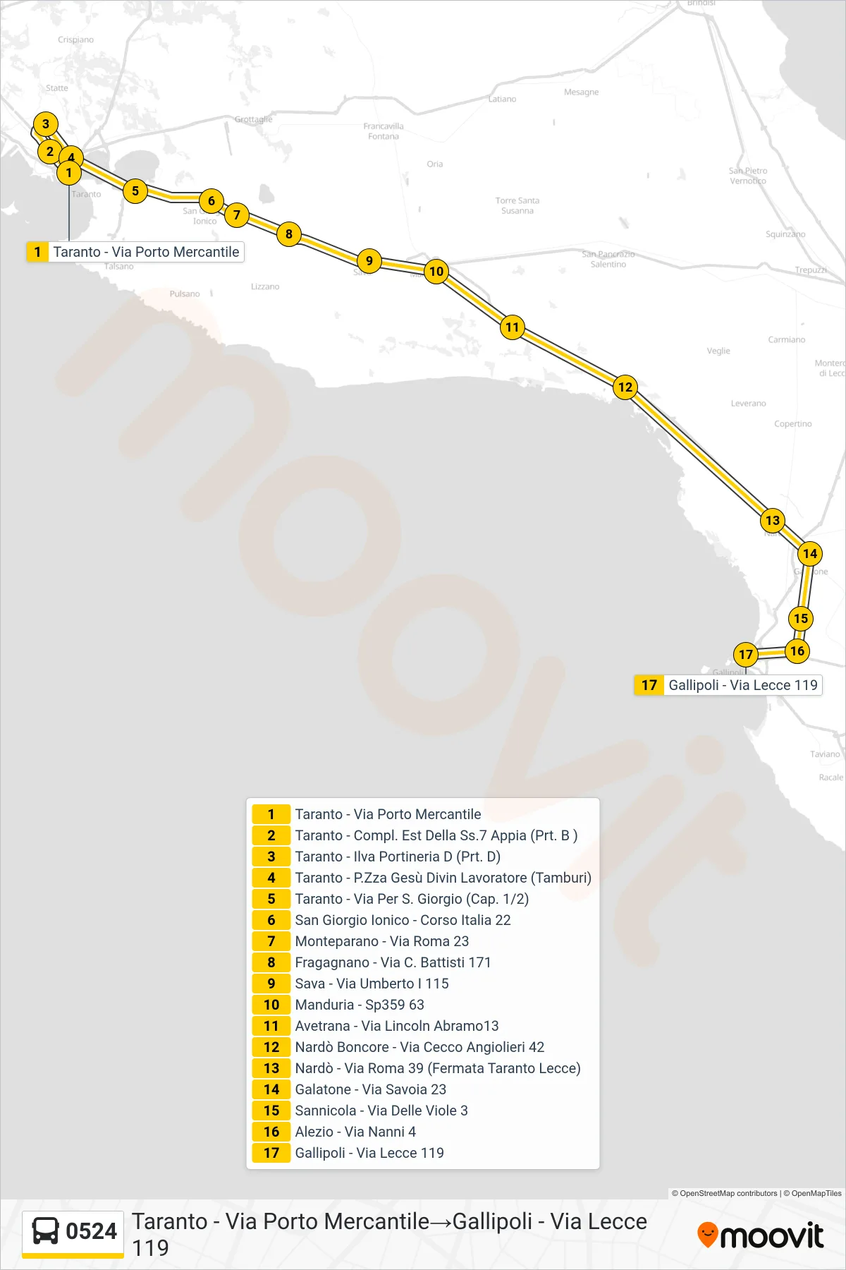 Linea 0524 bus (Taranto - Via Porto Mercantile→Gallipoli - Via Lecce 119) - Percorsi e fermate sulla mappa