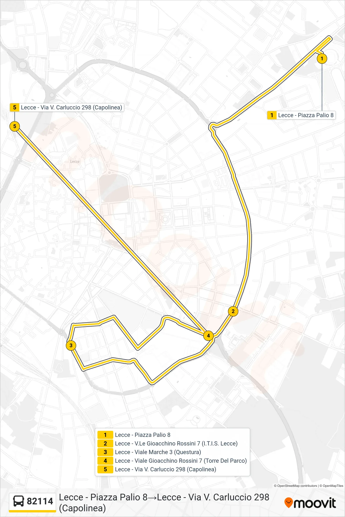 Linea 82114 bus (Lecce - Piazza Palio 8→Lecce - Via V. Carluccio 298 (Capolinea)) - Percorsi e fermate sulla mappa