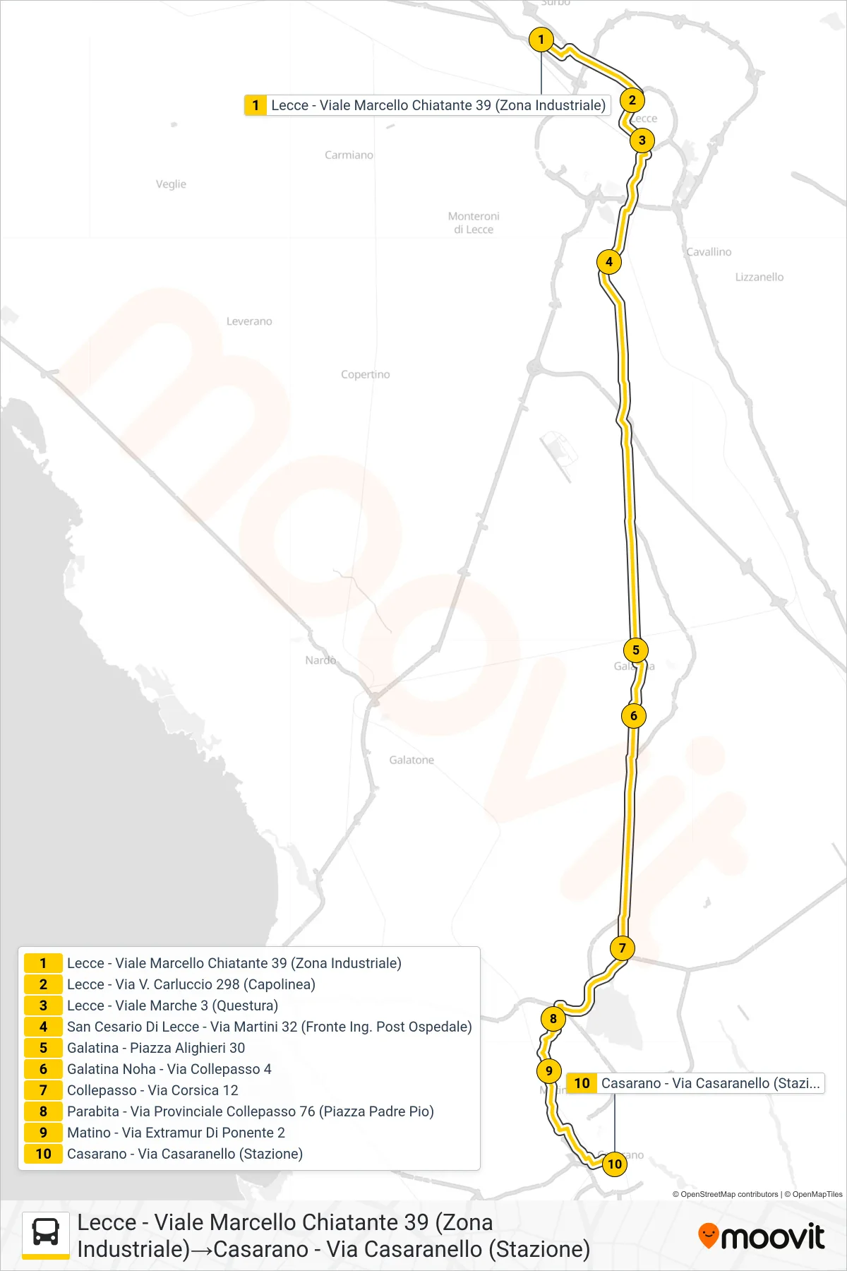 Linea 0016C - F bus (Lecce - Viale Marcello Chiatante 39 (Zona Industriale)→Casarano - Via Casaranello (Stazione)) - Percorsi e fermate sulla mappa