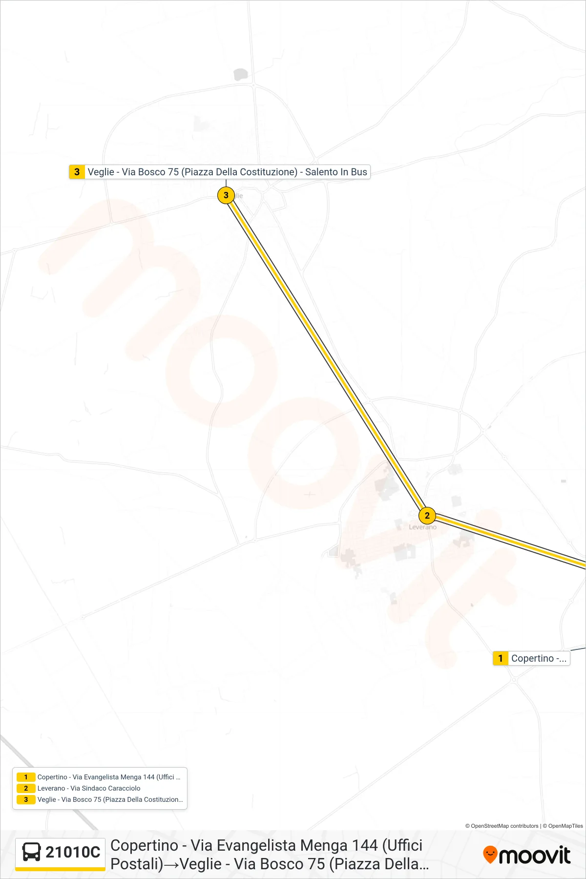 Linea 21010C bus (Copertino - Via Evangelista Menga 144 (Uffici Postali)→Veglie - Via Bosco 75 (Piazza Della Costituzione) - Salento In Bus) - Percorsi e fermate sulla mappa