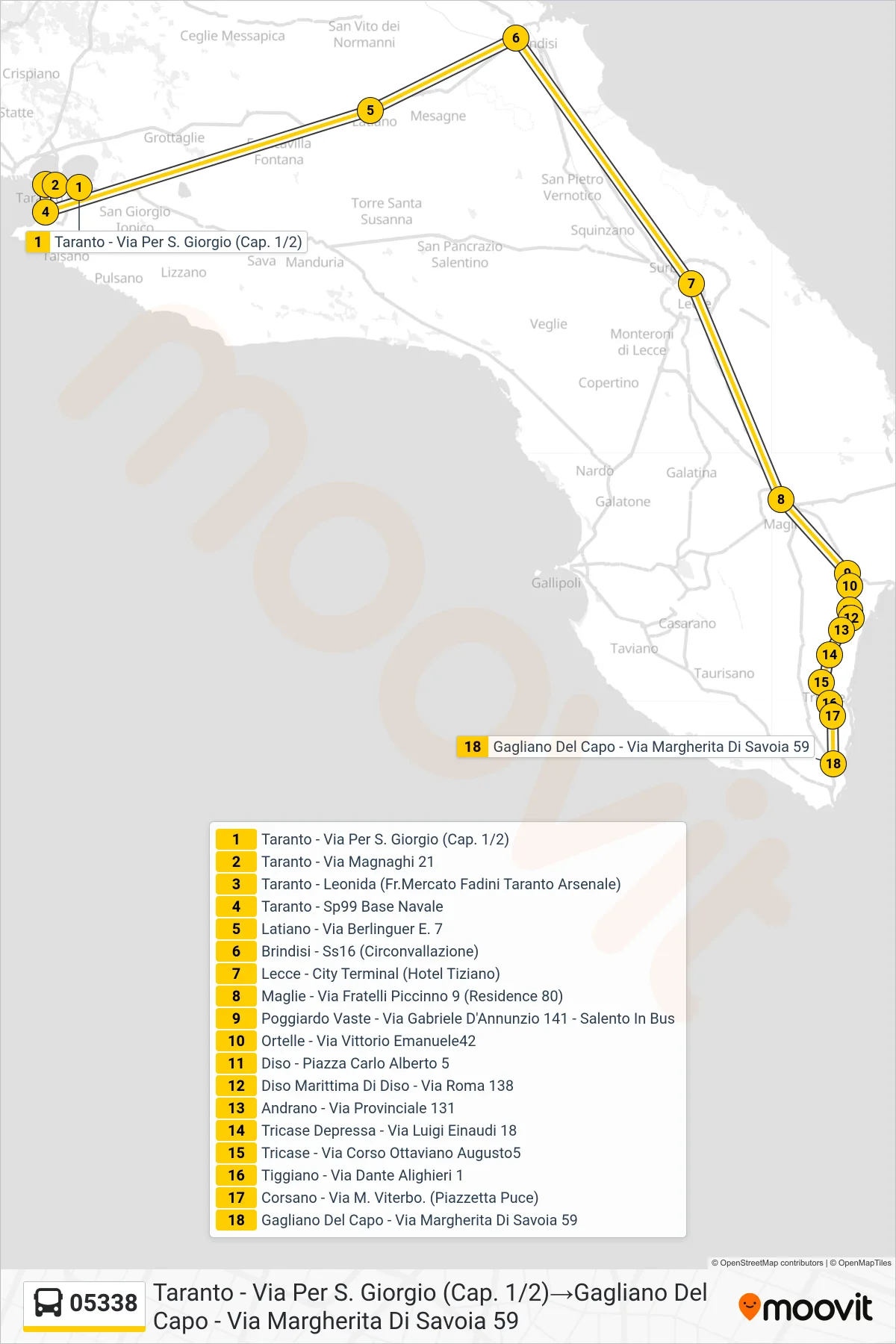 Linea 05338 bus (Taranto - Via Per S. Giorgio (Cap. 1/2)→Gagliano Del Capo - Via Margherita Di Savoia 59) - Percorsi e fermate sulla mappa