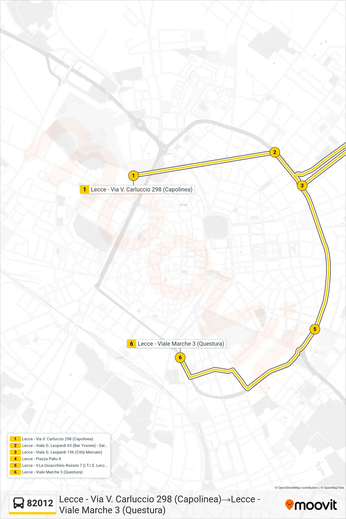 Linea 82012 bus (Lecce - Via V. Carluccio 298 (Capolinea)→Lecce - Viale Marche 3 (Questura)) - Percorsi e fermate sulla mappa