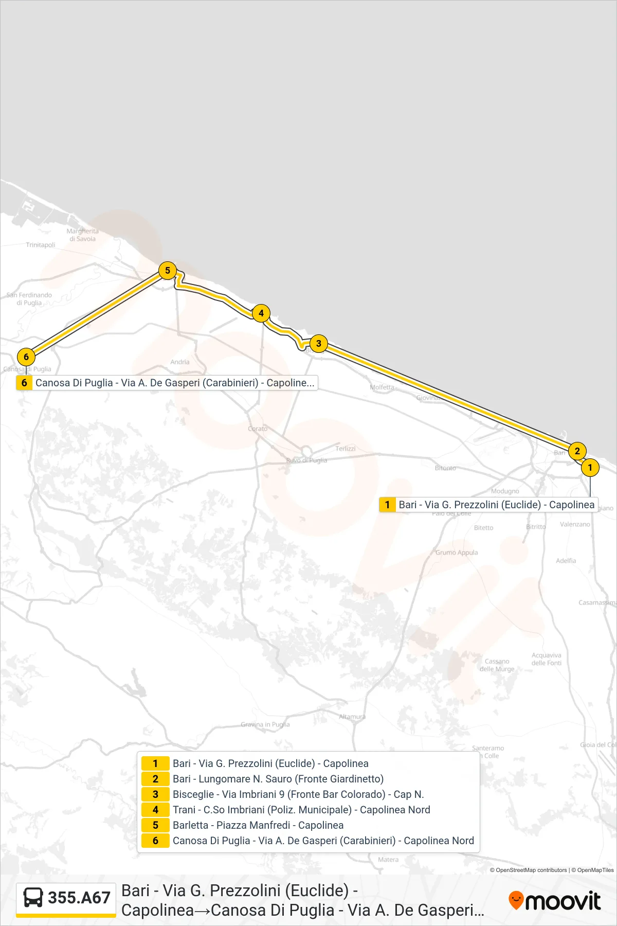 Linea 355.A67 bus (Bari - Via G. Prezzolini (Euclide) - Capolinea→Canosa Di Puglia - Via A. De Gasperi (Carabinieri) - Capolinea Nord) - Percorsi e fermate sulla mappa