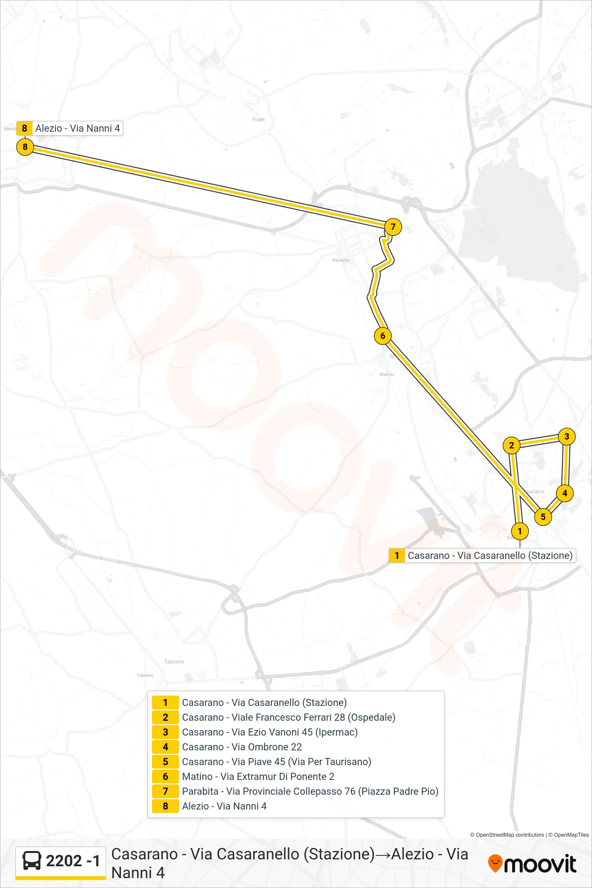 Linea 2202 -1  bus (Casarano - Via Casaranello (Stazione)‎→Alezio - Via Nanni 4) - Percorsi e fermate sulla mappa