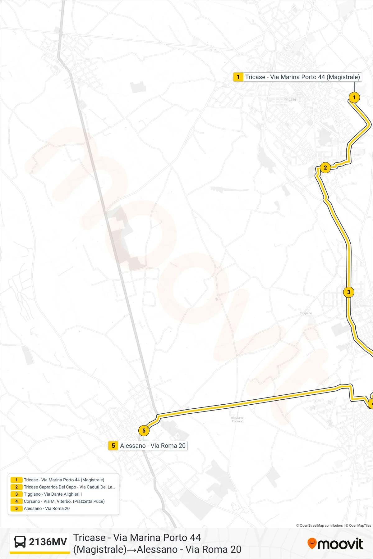 Linea 2136MV bus (Tricase - Via Marina Porto 44 (Magistrale)→Alessano - Via Roma 20) - Percorsi e fermate sulla mappa