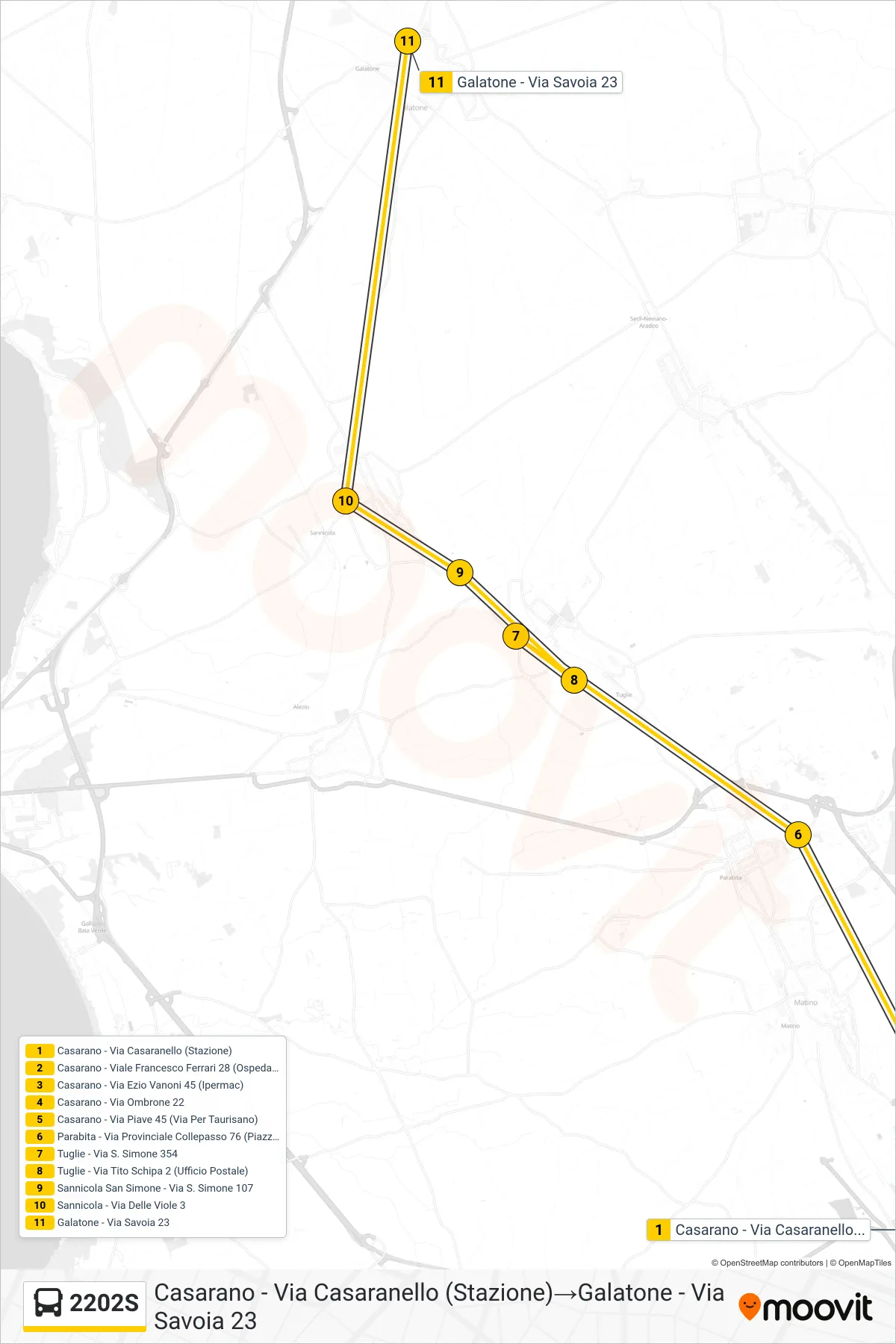 Linea 2202S bus (Casarano - Via Casaranello (Stazione)→Galatone - Via Savoia 23) - Percorsi e fermate sulla mappa