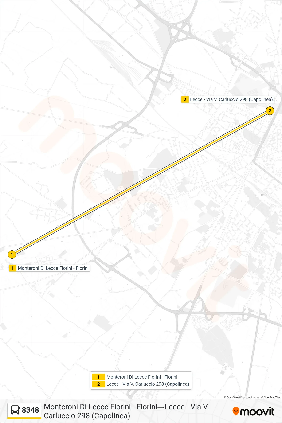 Linea 8348 bus (Monteroni Di Lecce Fiorini - Fiorini→Lecce - Via V. Carluccio 298 (Capolinea)) - Percorsi e fermate sulla mappa