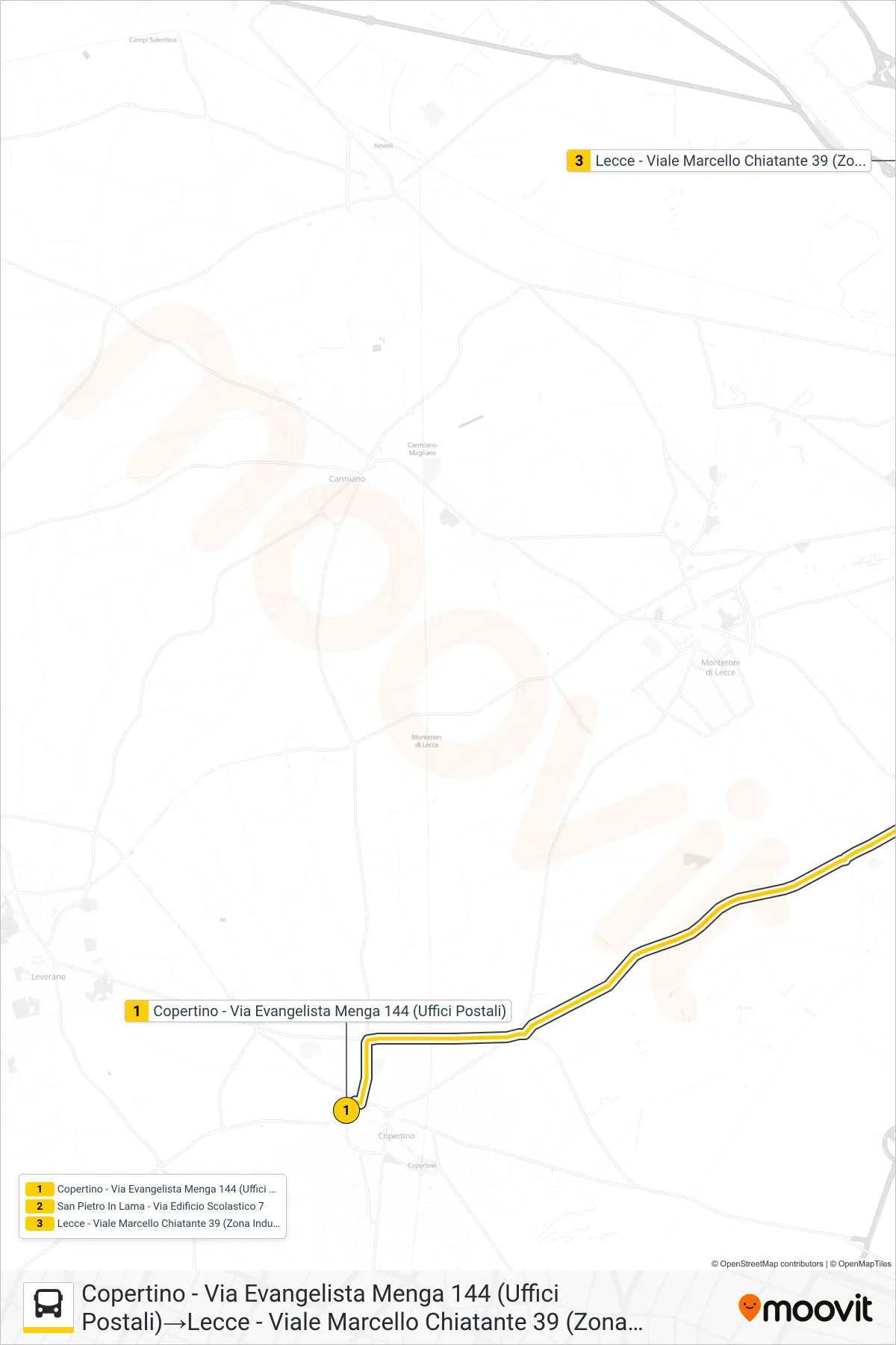 Linea 133 - 2 - I bus (Copertino - Via Evangelista Menga 144 (Uffici Postali)→Lecce - Viale Marcello Chiatante 39 (Zona Industriale)) - Percorsi e fermate sulla mappa