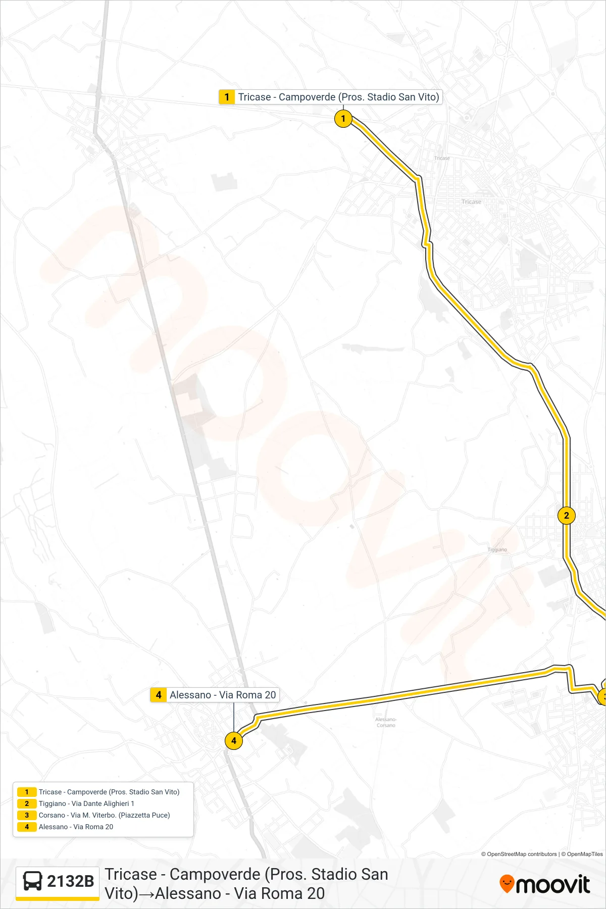 Linea 2132B bus (Tricase - Campoverde (Pros. Stadio San Vito)→Alessano - Via Roma 20) - Percorsi e fermate sulla mappa