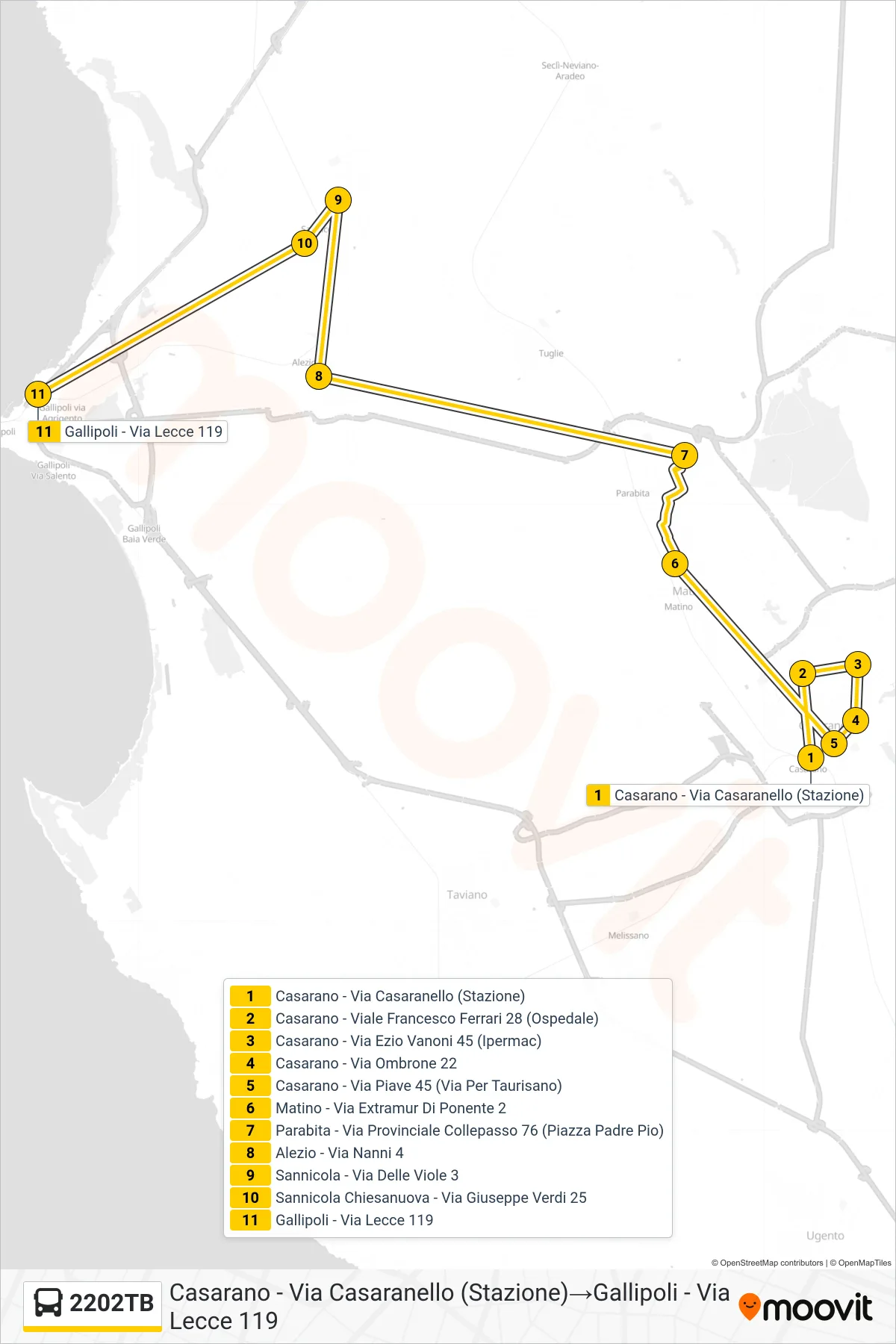 Linea 2202TB  bus (Casarano - Via Casaranello (Stazione)‎→Gallipoli - Via Lecce 119) - Percorsi e fermate sulla mappa