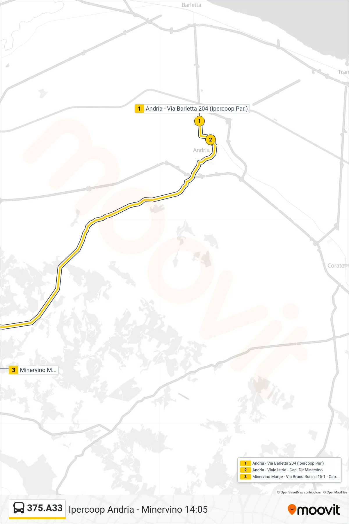Linea 375.A33  bus (Andria - Via Barletta 204 (Ipercoop Par.)‎→Minervino Murge - Via Bruno Buozzi 15-1 - Capolinea San Michele) - Percorsi e fermate sulla mappa