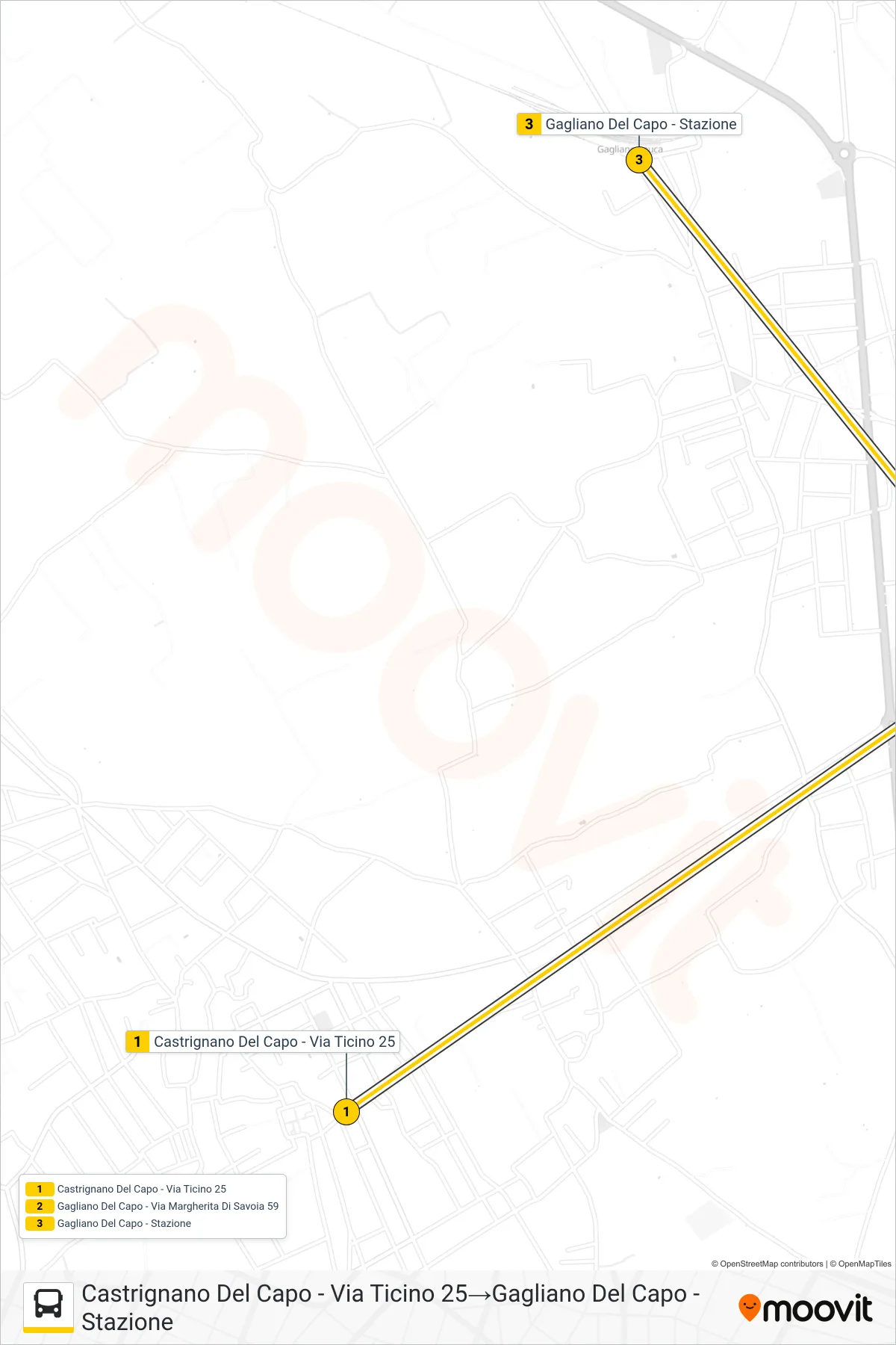 Linea 2132 - 2 bus (Castrignano Del Capo - Via Ticino 25→Gagliano Del Capo - Stazione) - Percorsi e fermate sulla mappa