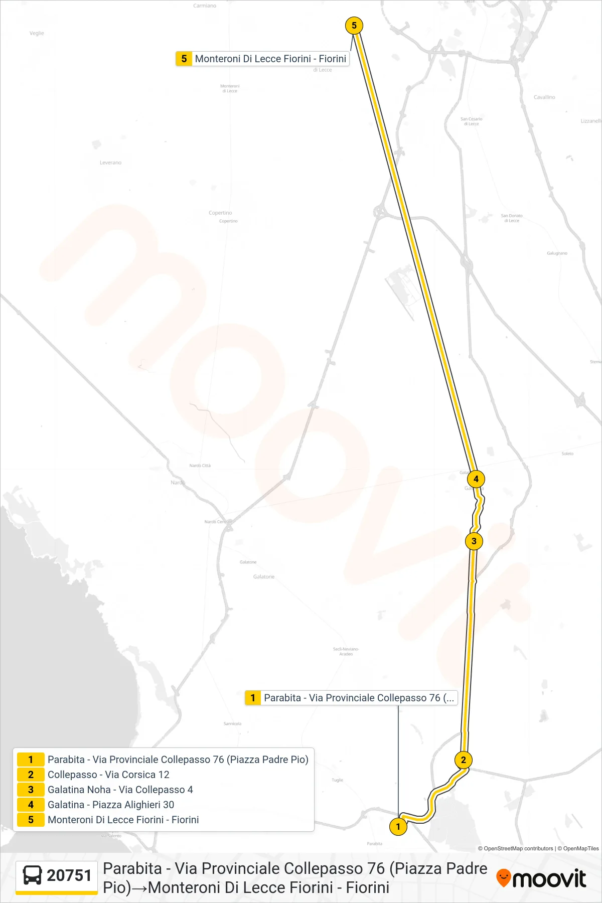 Linea 20751 bus (Parabita - Via Provinciale Collepasso 76 (Piazza Padre Pio)→Monteroni Di Lecce Fiorini - Fiorini) - Percorsi e fermate sulla mappa