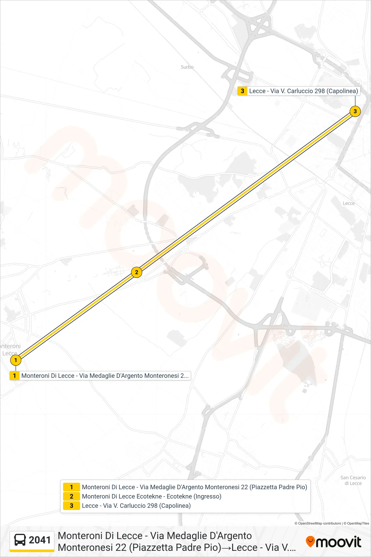 Linea 2041  bus (Monteroni Di Lecce - Via Medaglie D'Argento Monteronesi 22 (Piazzetta Padre Pio)‎→Lecce - Via V. Carluccio 298 (Capolinea)) - Percorsi e fermate sulla mappa