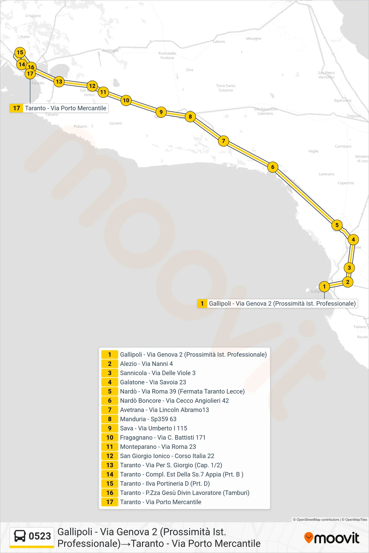 Linea 0523 bus (Gallipoli - Via Genova 2 (Prossimità Ist. Professionale)→Taranto - Via Porto Mercantile) - Percorsi e fermate sulla mappa