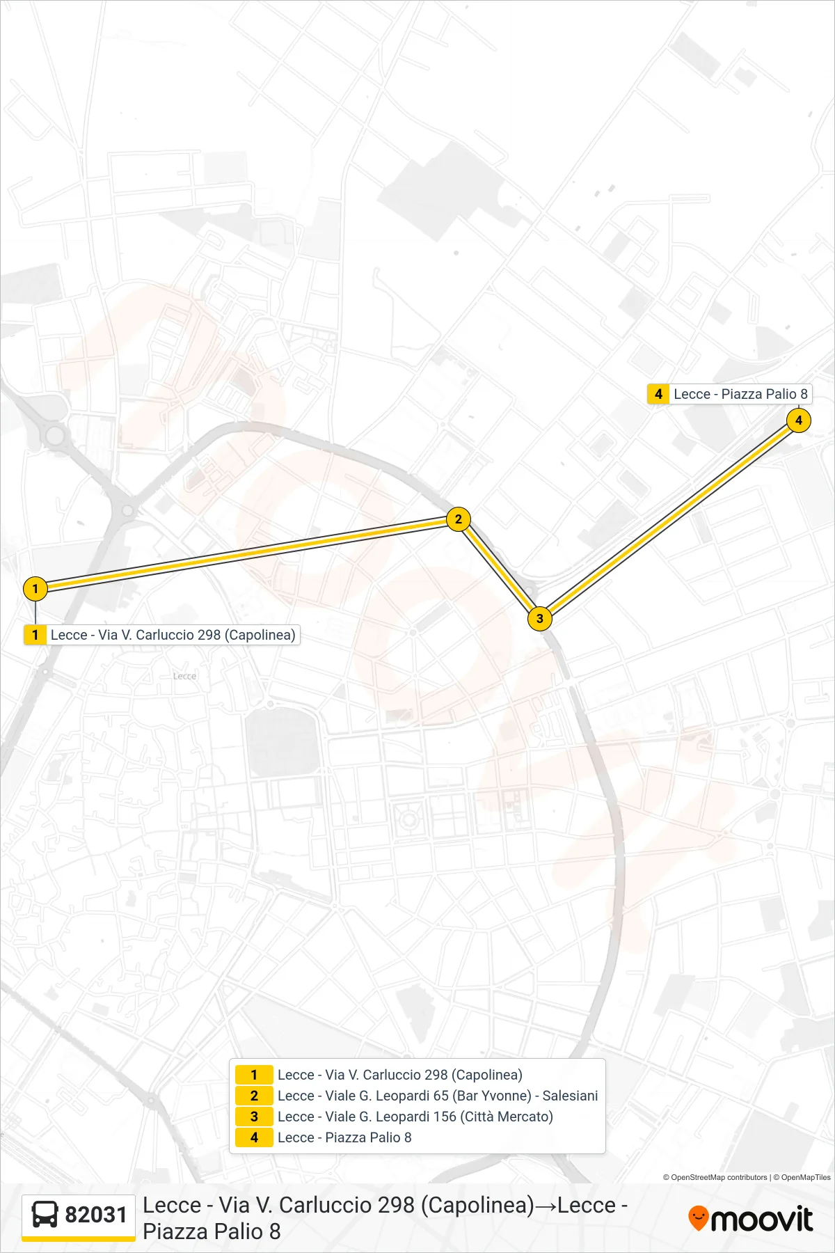 Linea 82031  bus (Lecce - Via V. Carluccio 298 (Capolinea)‎→Lecce - Piazza Palio 8) - Percorsi e fermate sulla mappa