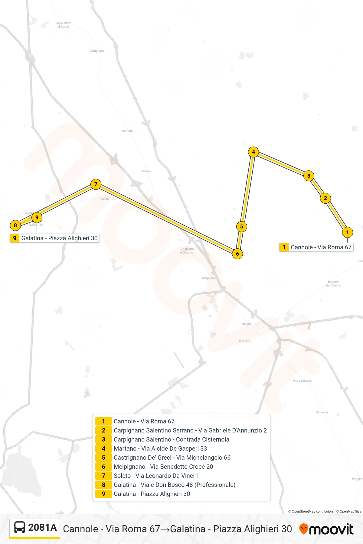 Linea 2081A  bus (Cannole - Via Roma 67‎→Galatina - Piazza Alighieri 30) - Percorsi e fermate sulla mappa