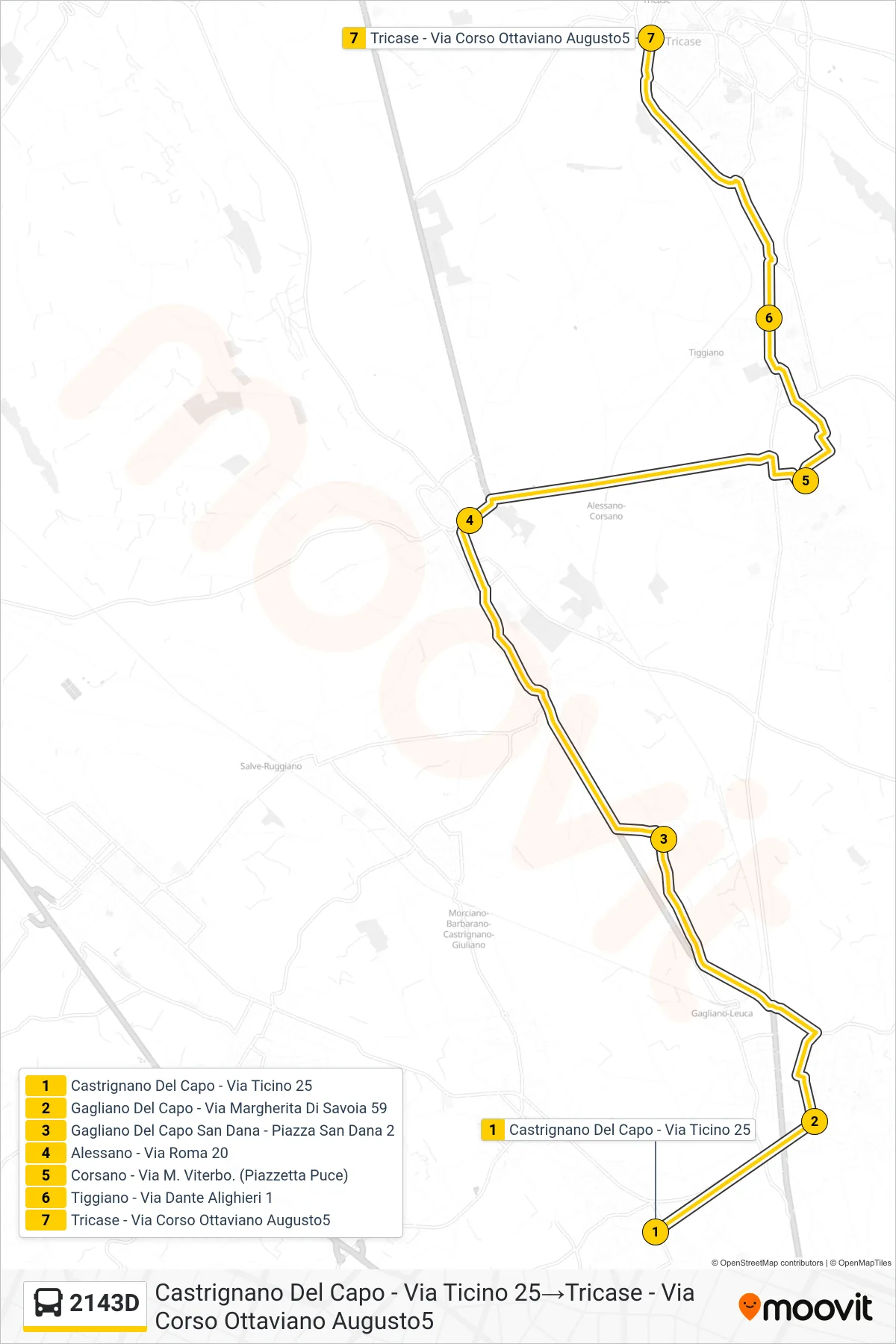 Linea 2143D bus (Castrignano Del Capo - Via Ticino 25→Tricase - Via Corso Ottaviano Augusto5) - Percorsi e fermate sulla mappa