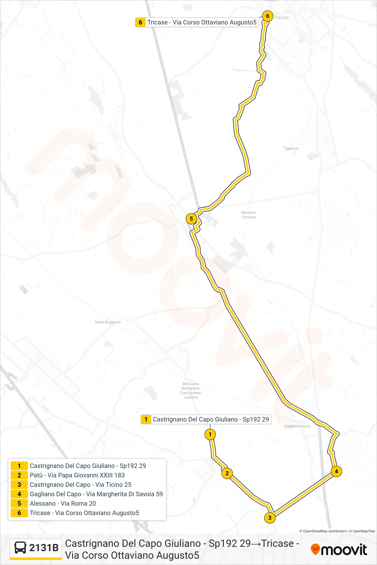 Linea 2131B bus (Castrignano Del Capo Giuliano - Sp192 29→Tricase - Via Corso Ottaviano Augusto5) - Percorsi e fermate sulla mappa